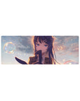 Anime girl mouse pad 32x12 inches with long blue hair, hair clips, violet eyes, and school blazer.
