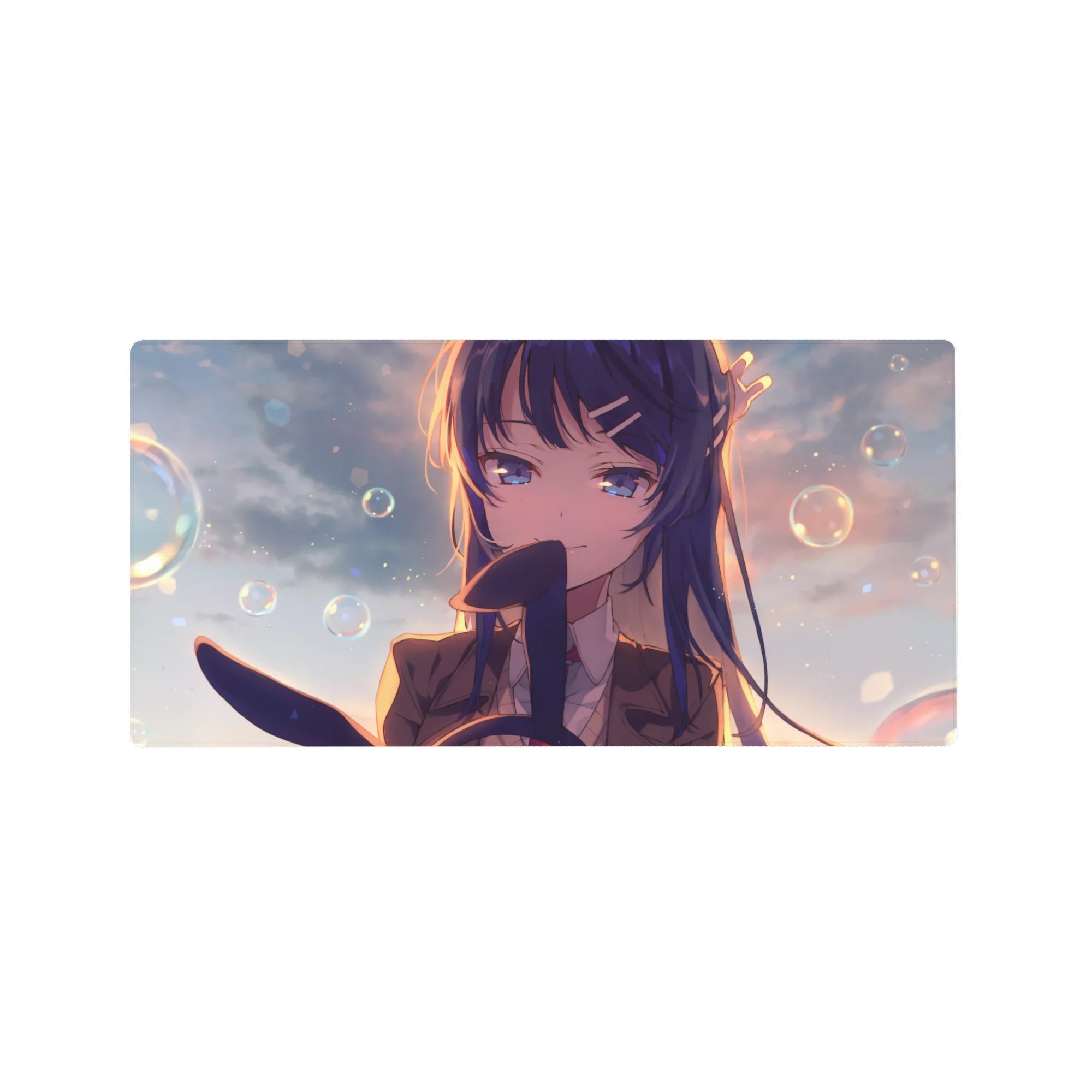 Anime girl mouse pad 32x16 inches with long blue hair, school blazer, glossy violet eyes, bokeh bubbles.