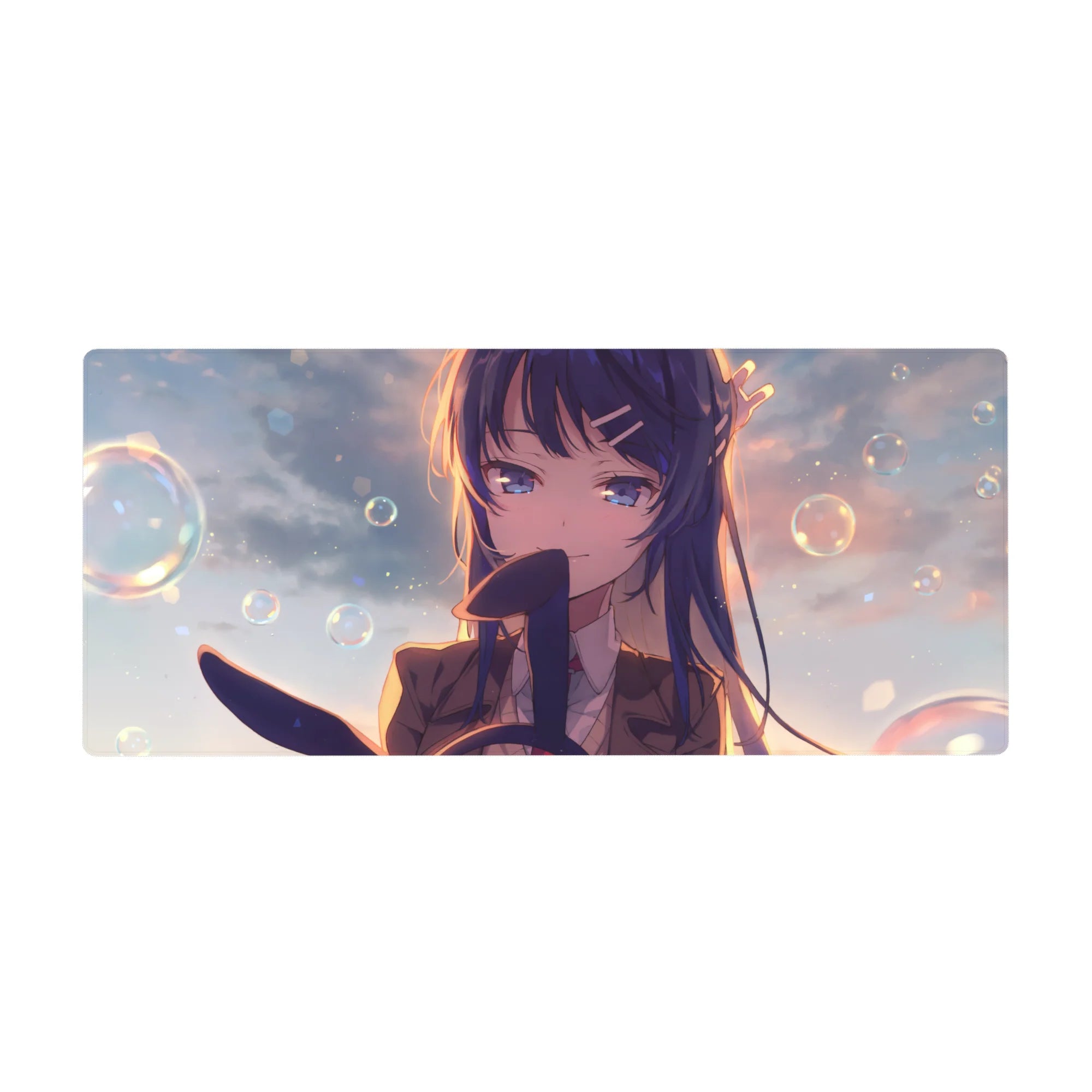 Anime girl desk pad 36x16 inches with long blue hair, violet eyes, school blazer, bubbles and bokeh.