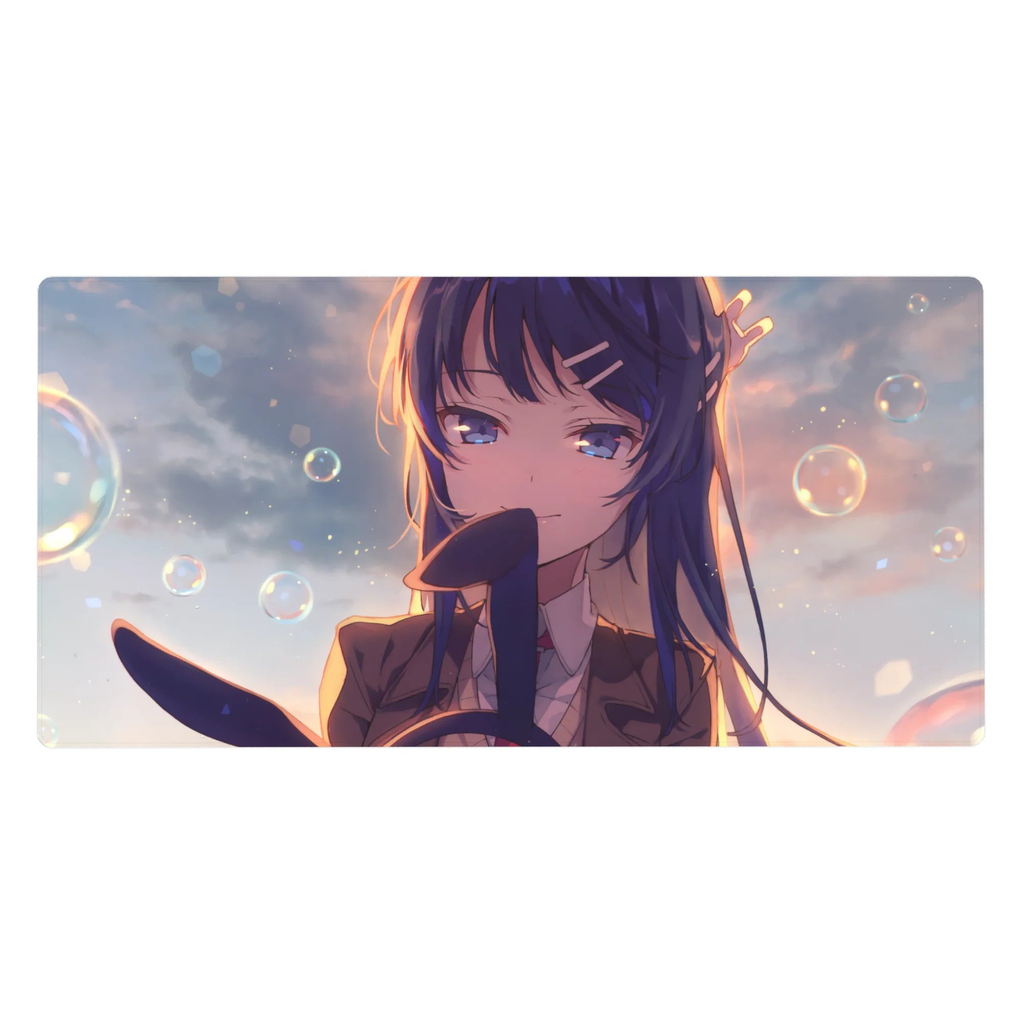40x20 inches anime girl desk pad with long blue hair, violet eyes, school blazer, bubbles and bokeh.