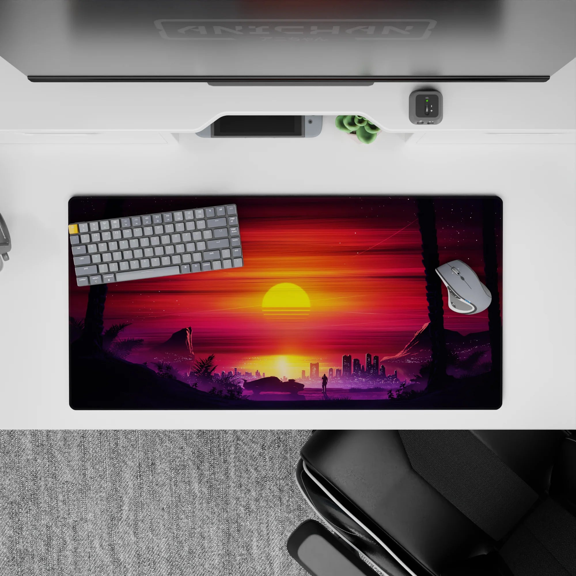 Retrowave - Vaporwave Deskmat | Mousepad | Deskpad - Sunset City Stroll - AniChan