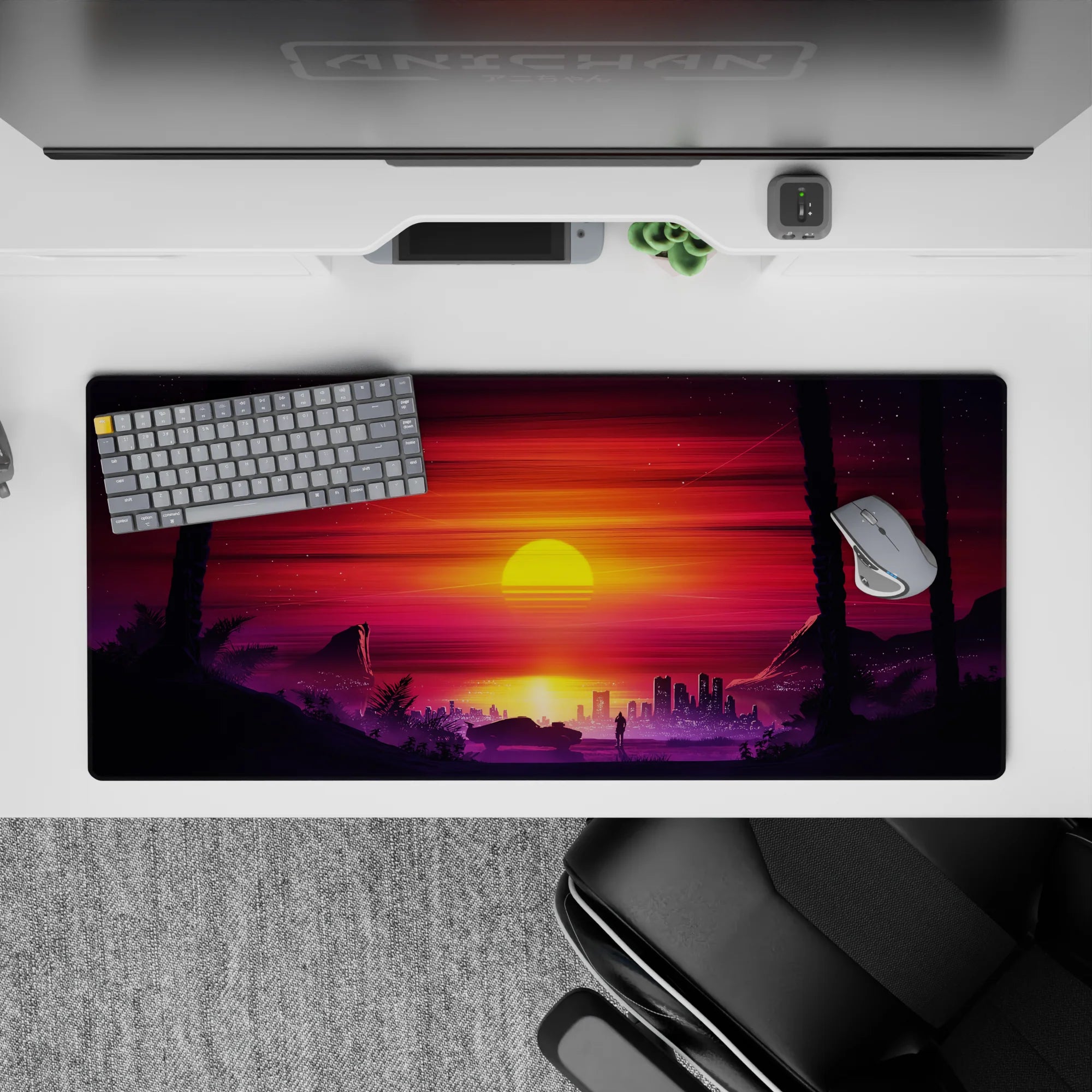 Retrowave - Vaporwave Deskmat | Mousepad | Deskpad - Sunset City Stroll - AniChan