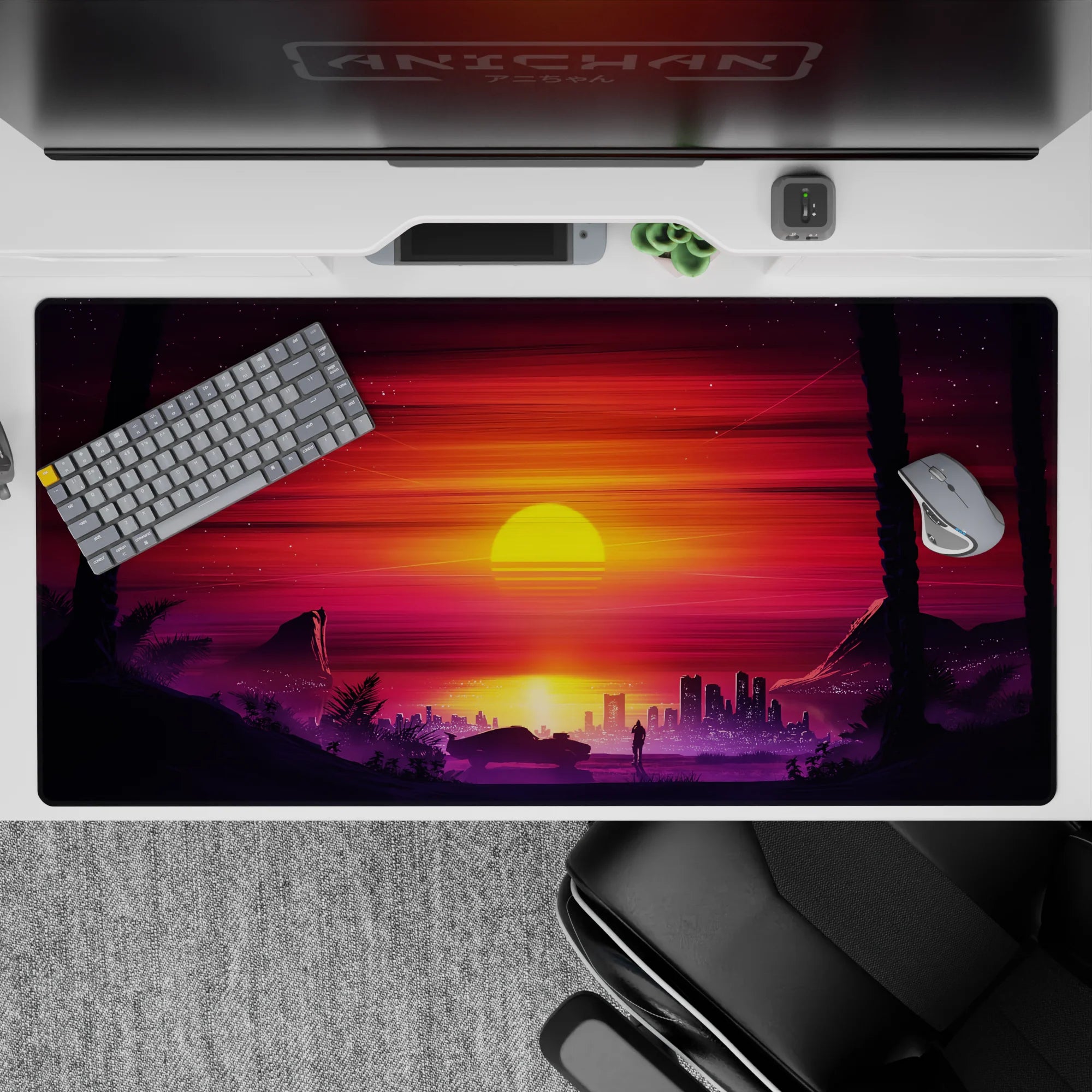 Retrowave - Vaporwave Deskmat | Mousepad | Deskpad - Sunset City Stroll - AniChan