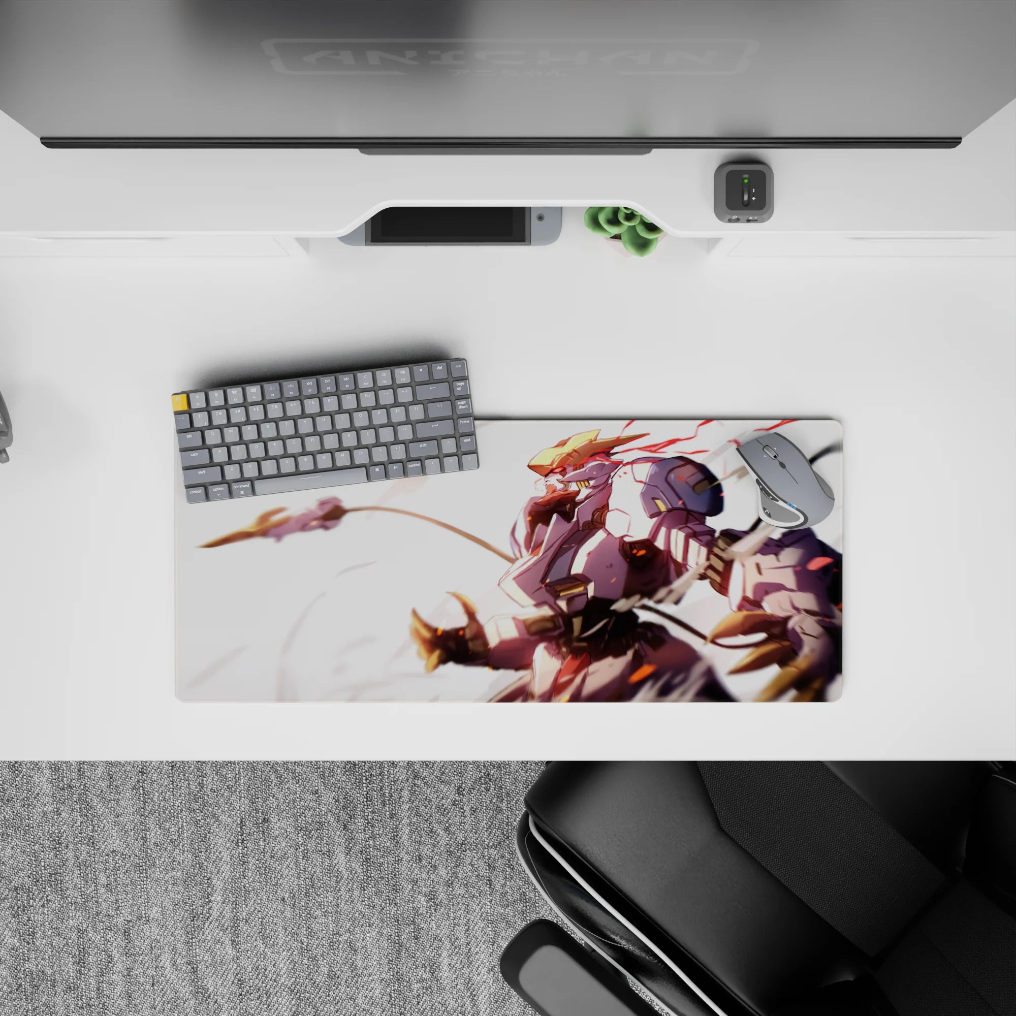 28x12 inches anime mouse pad in warm gold and soft white with red streaks, fast sunrise vibe and dramatic blur.