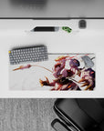 28x12 inches anime mouse pad in warm gold and soft white with red streaks, fast sunrise vibe and dramatic blur.