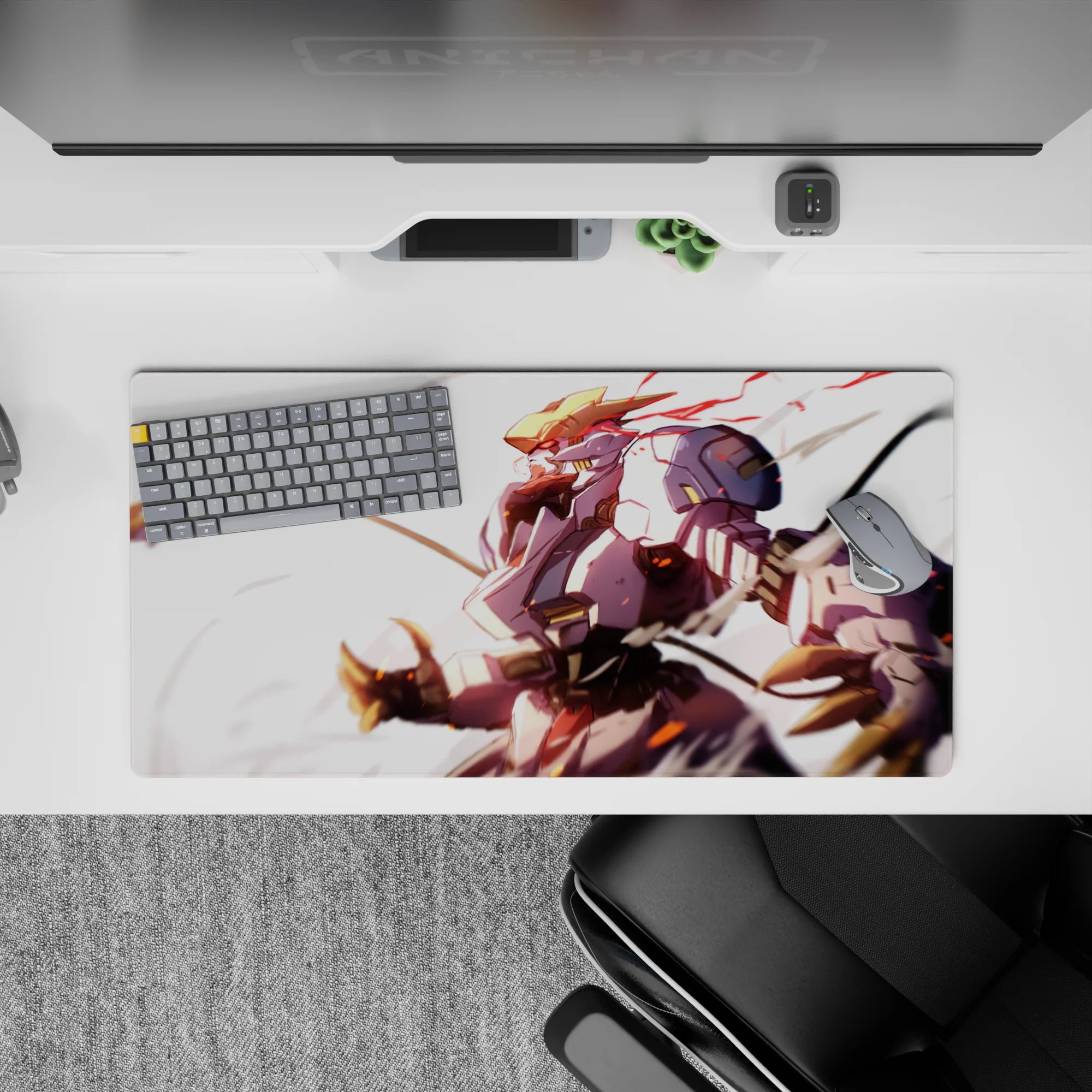 32x16 inches anime mouse pad in warm gold and soft white with red streaks, sparks, and fast sunrise energy.