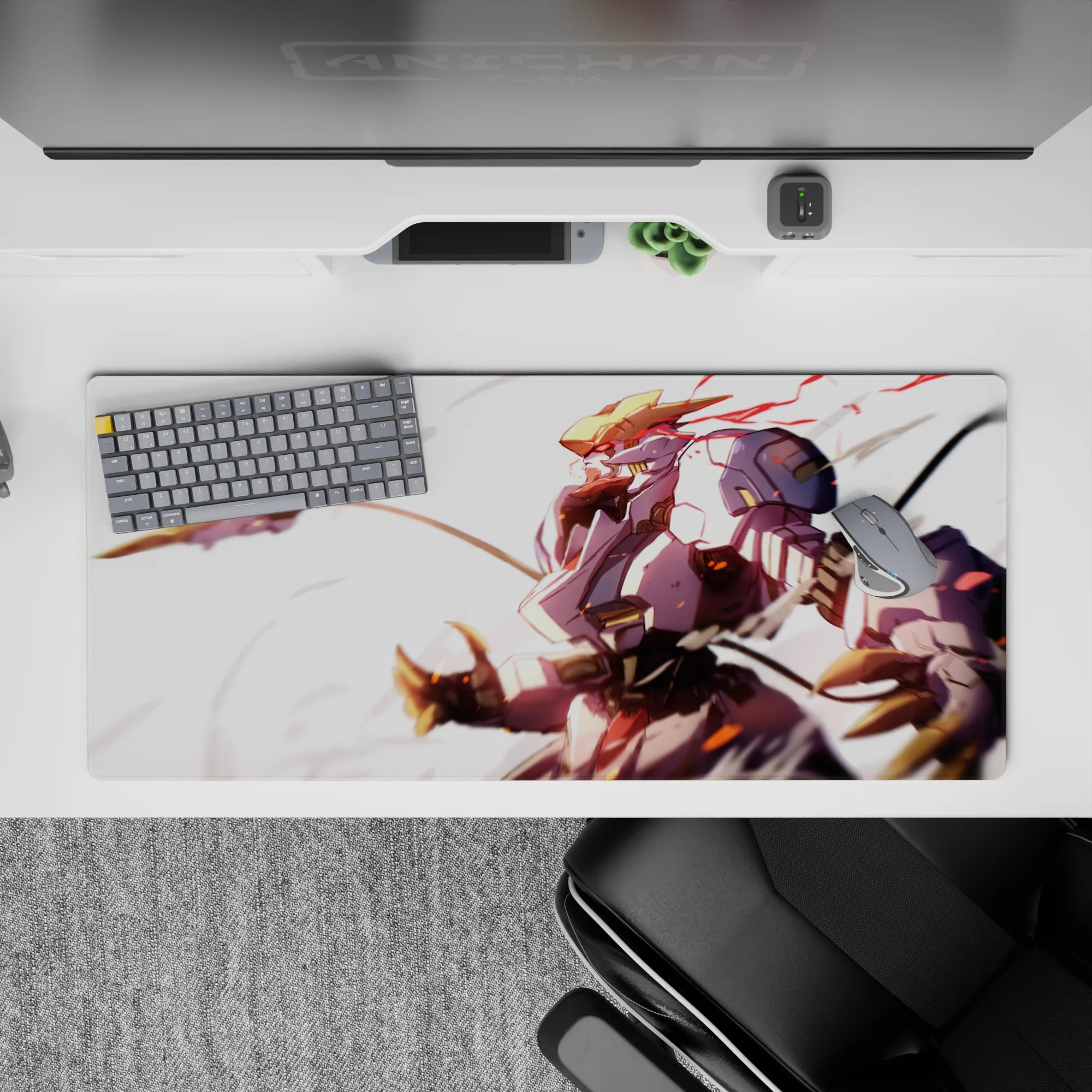 36x16 inches anime desk pad in warm gold and soft white tones, fierce sunrise speed vibe.