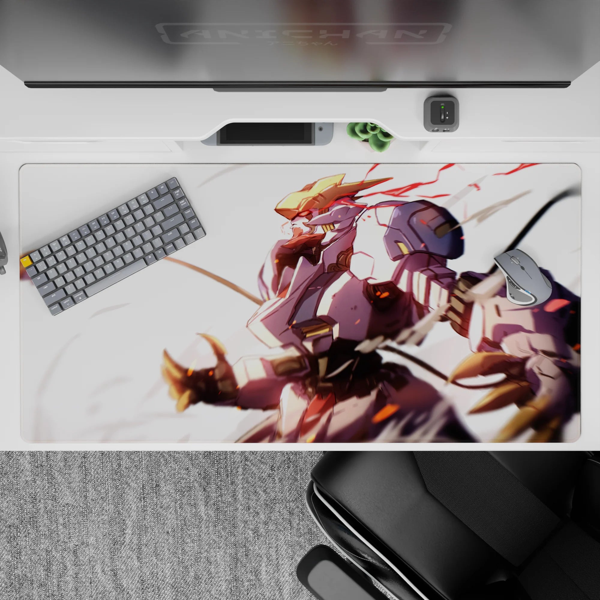 40x20 inches anime desk pad in warm gold and soft whites, red streaks, fast sunrise energy.