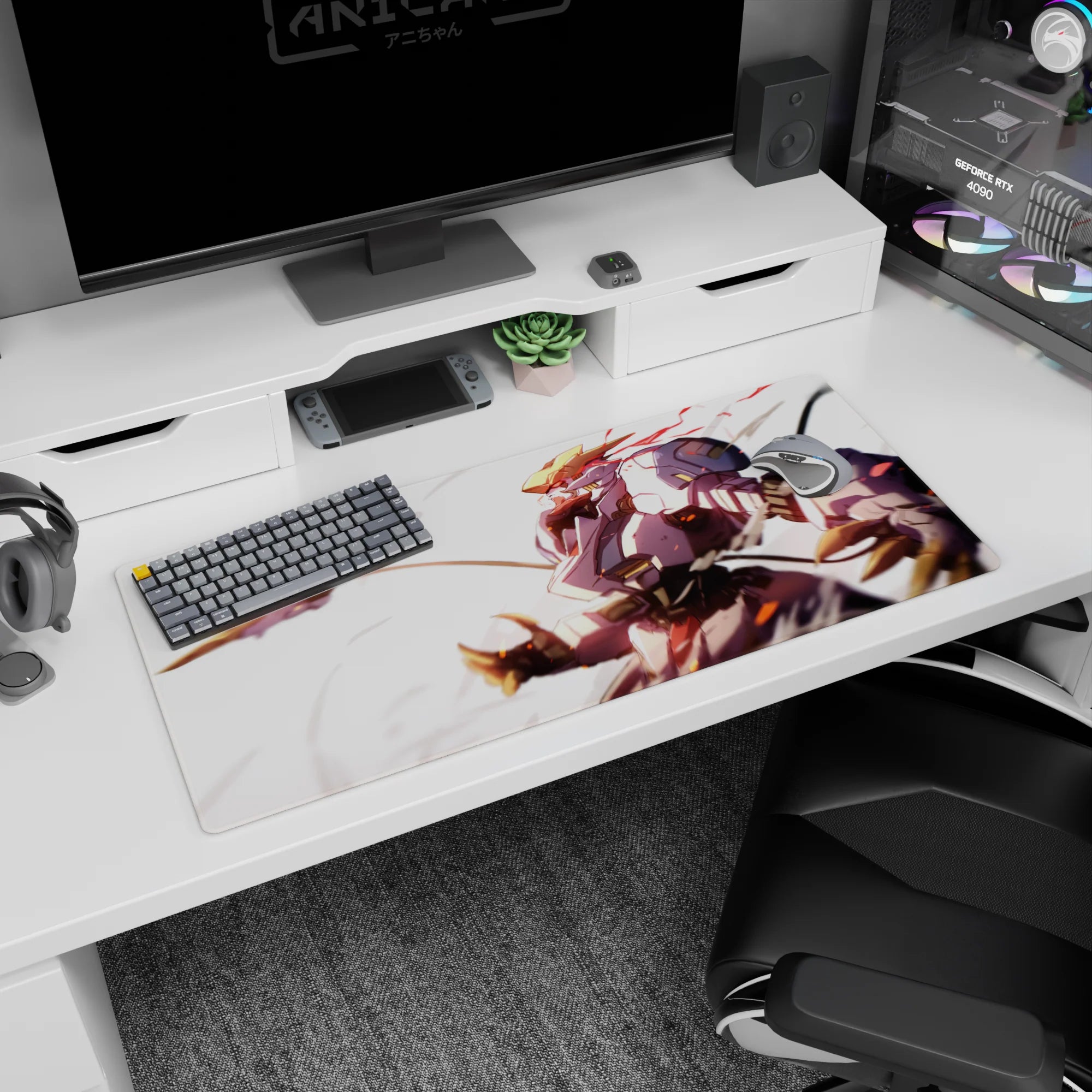 36x16 inches Honkai Impact 3rd desk pad featuring Astraea charging forward with red motion trails.
