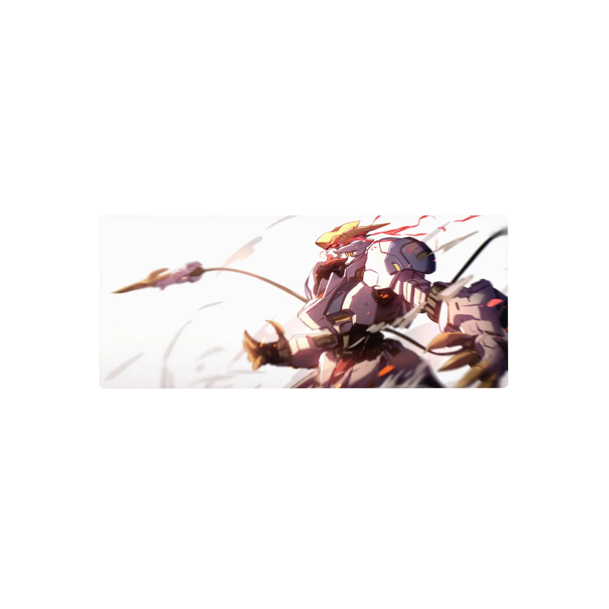 28x12 inches anime mouse pad with Astraea charging forward, gold armor, white backdrop, motion ribbons and sparks.