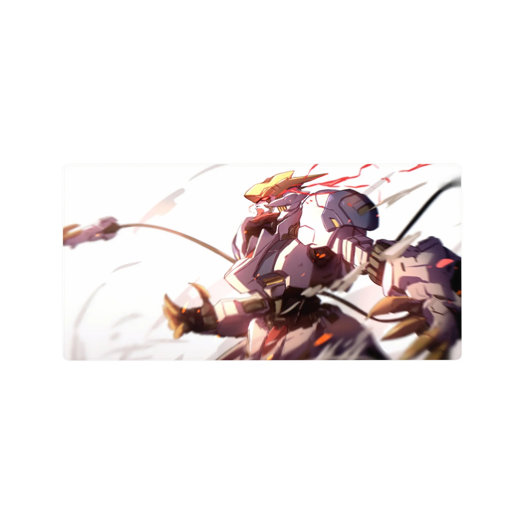 32x16 inches anime mouse pad with Astraea in a dynamic dash, gold armor, white backdrop, motion ribbons.