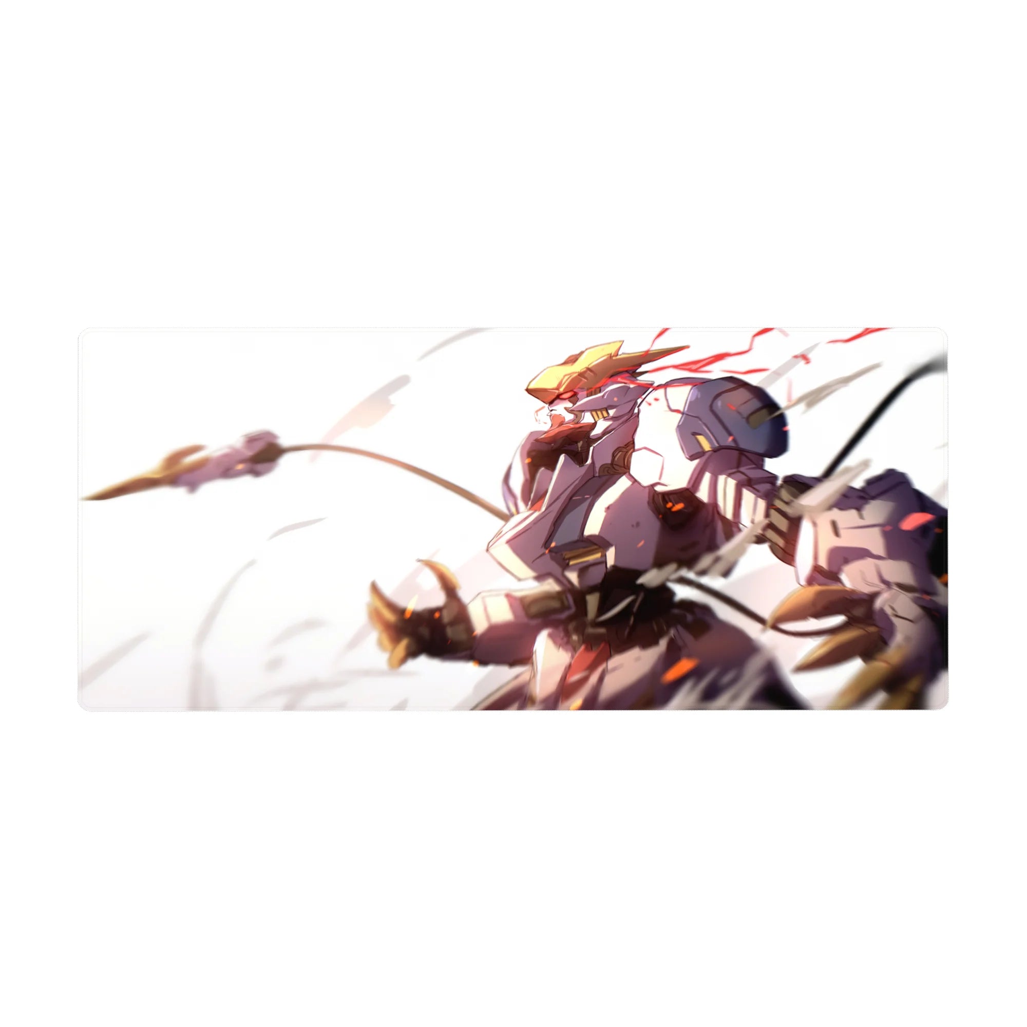 36x16 inches anime desk pad with Astraea sprinting in gold armor, motion ribbons and sparks.