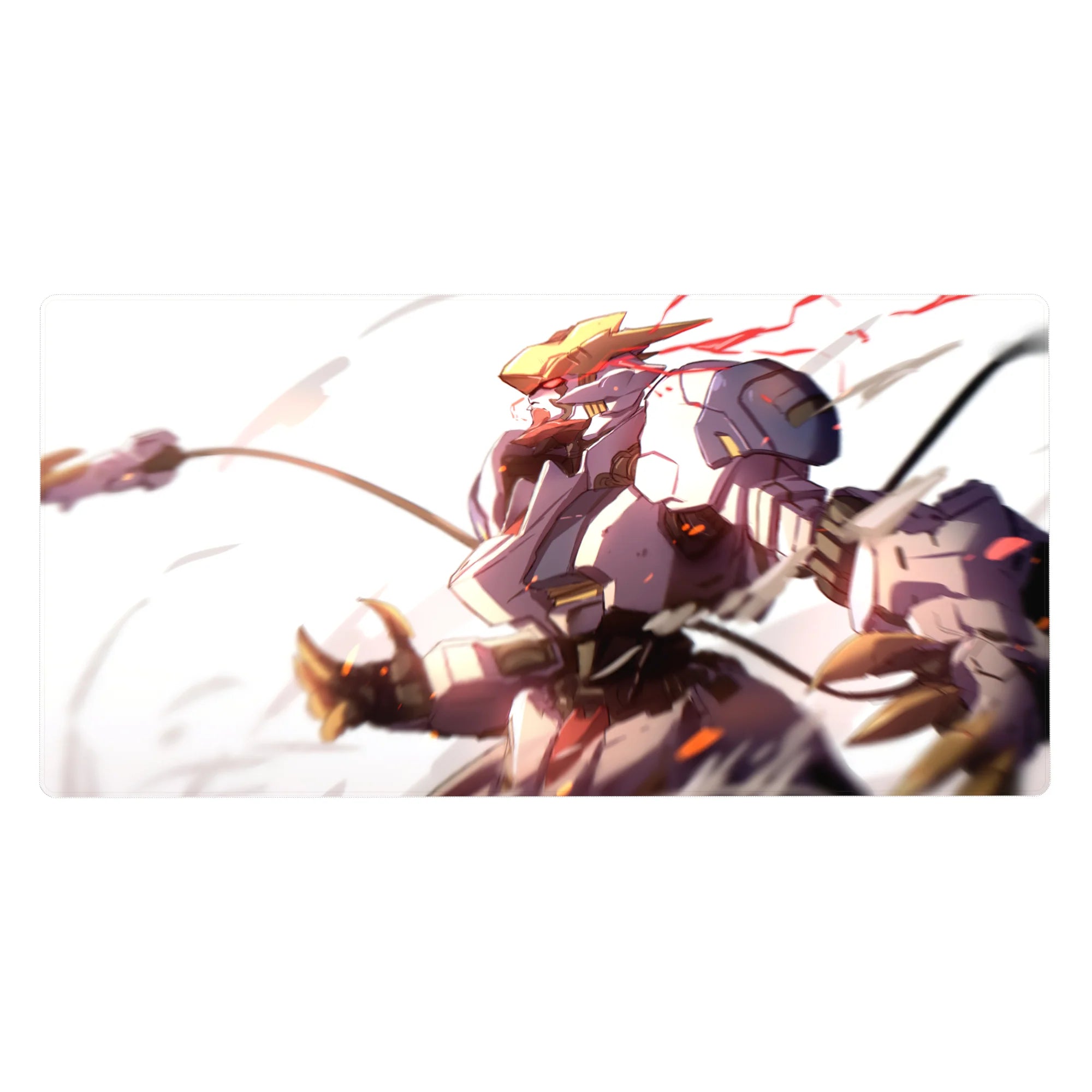 40x20 inches anime desk pad with Astraea charging forward in gold armor, motion ribbons, sparks.