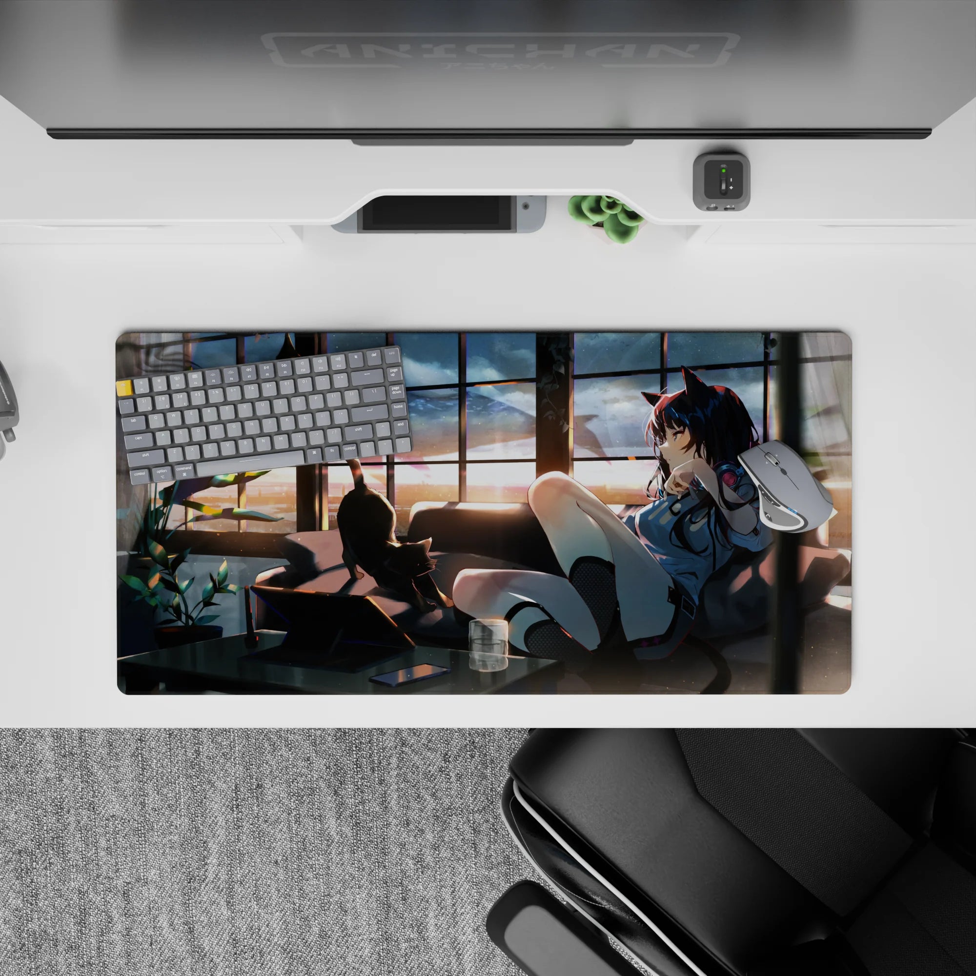 Anime girl mouse pad 32x16 inches in warm sunset oranges and smoky shadows, cozy city-glow vibe.