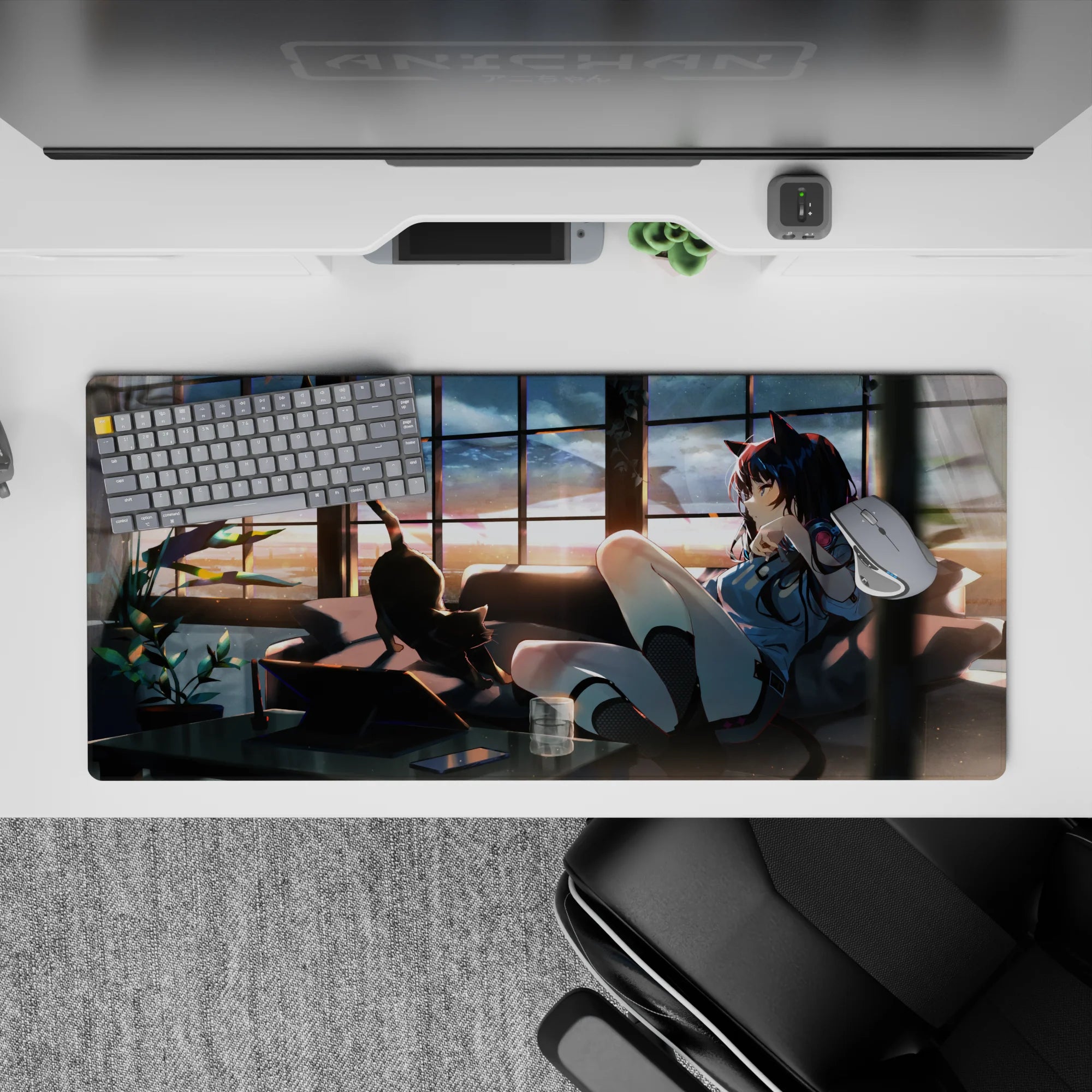 Warm sunset anime desk pad 36x16 inches in orange glow with smoky shadows, cozy luxe vibe.