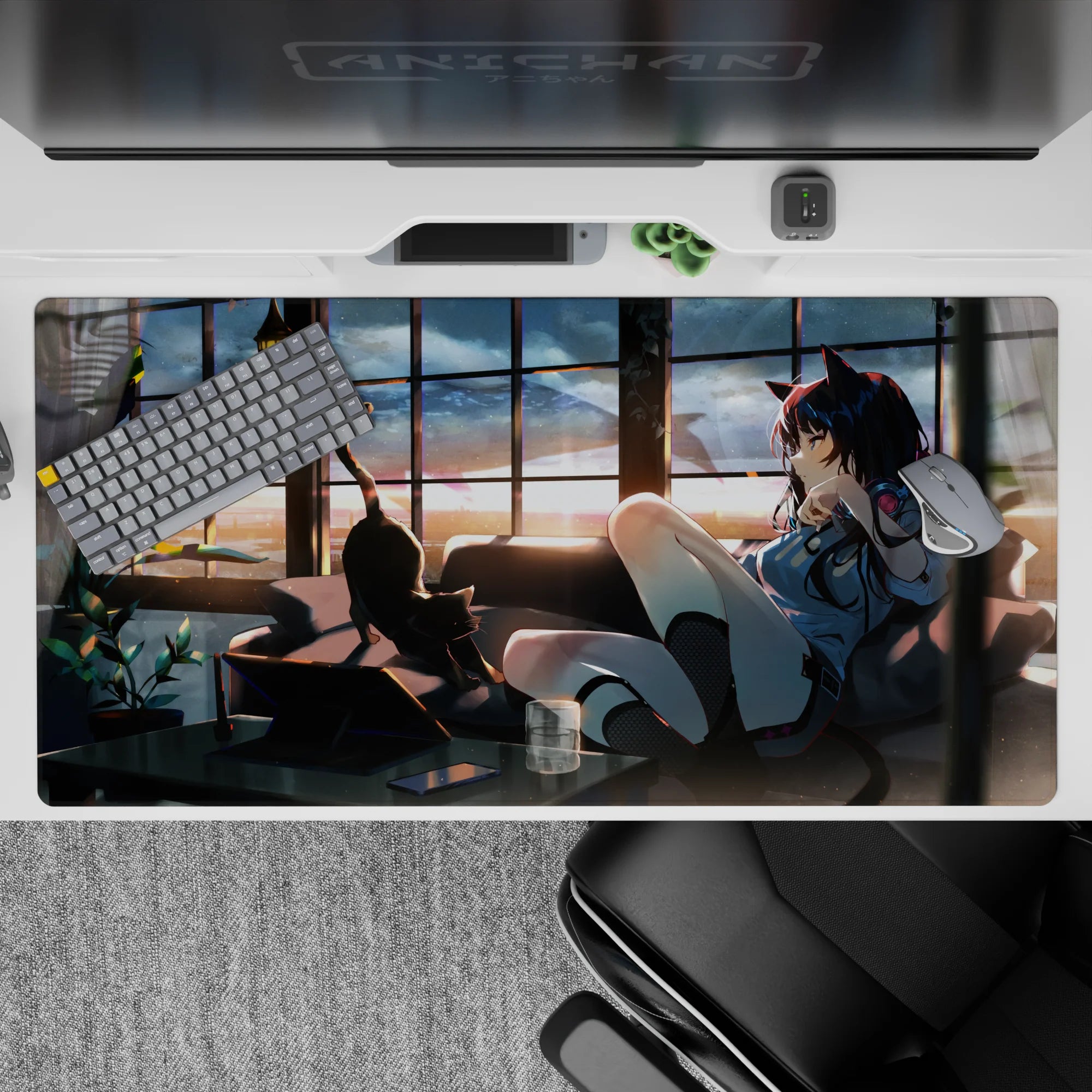 40x20 inches anime desk pad in warm sunset oranges and smoky shadows, navy hair accents, cozy glow.