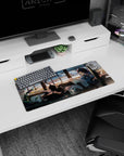28x12 inches anime girl mouse pad showing relaxed catgirl in blue shirt dress and fishnets on a sofa.