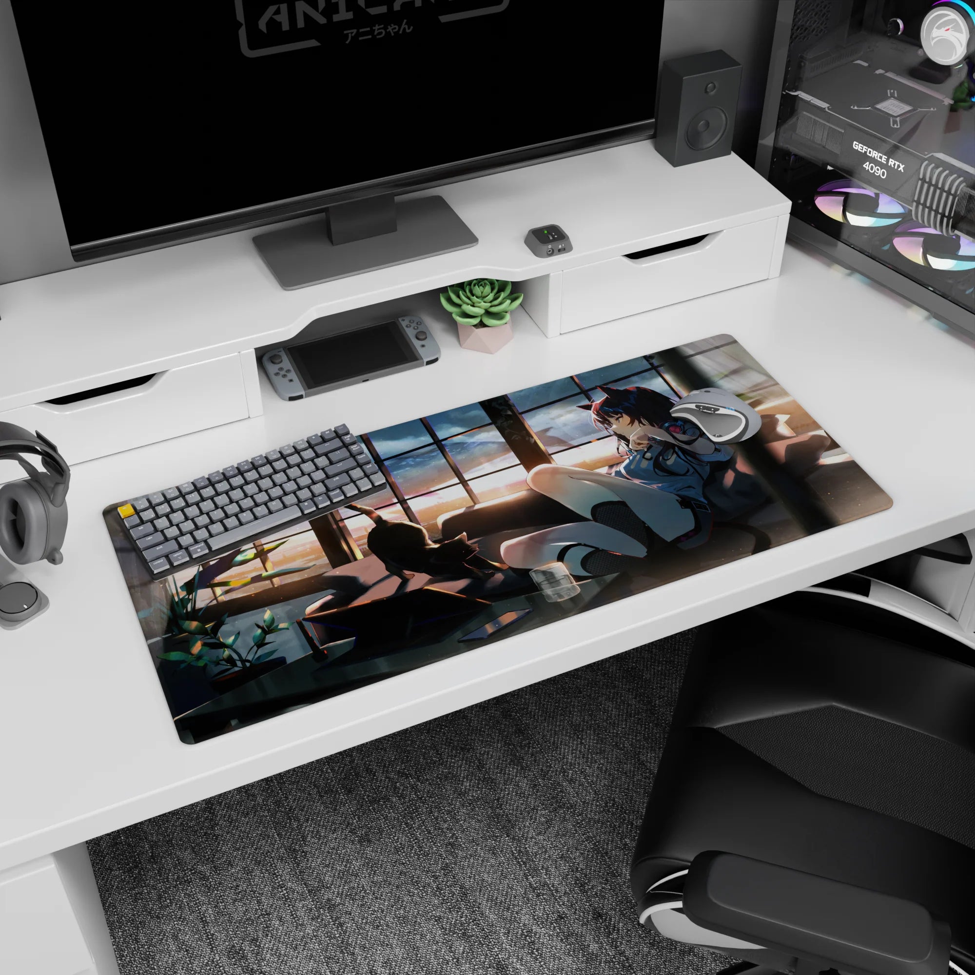 36x16 inches anime desk pad showing cat-eared girl in pink headphones lounging by a sofa at sunset.