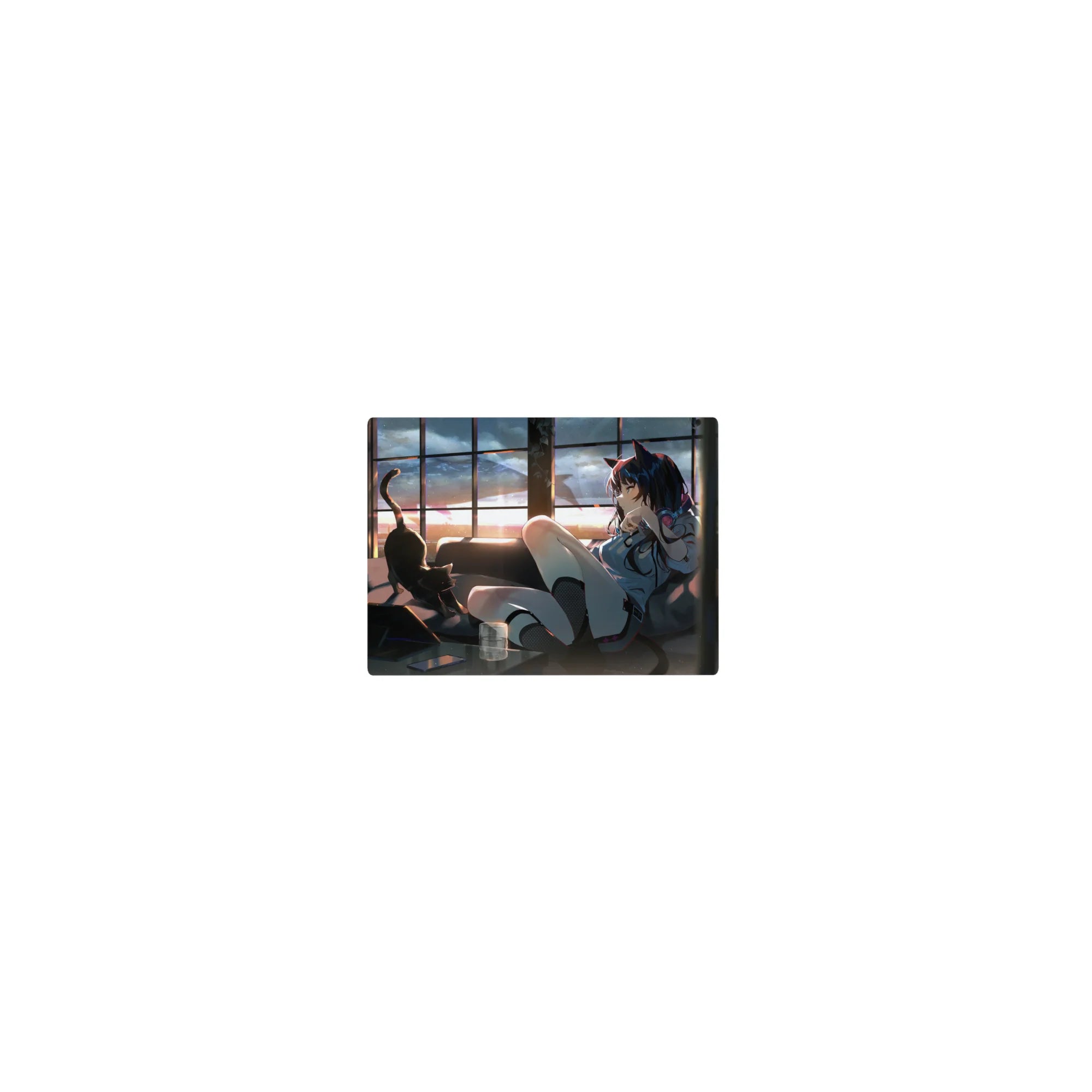 Classic anime girl mouse pad 14x10 inches with cat-eared navy-haired girl in loft at sunset.