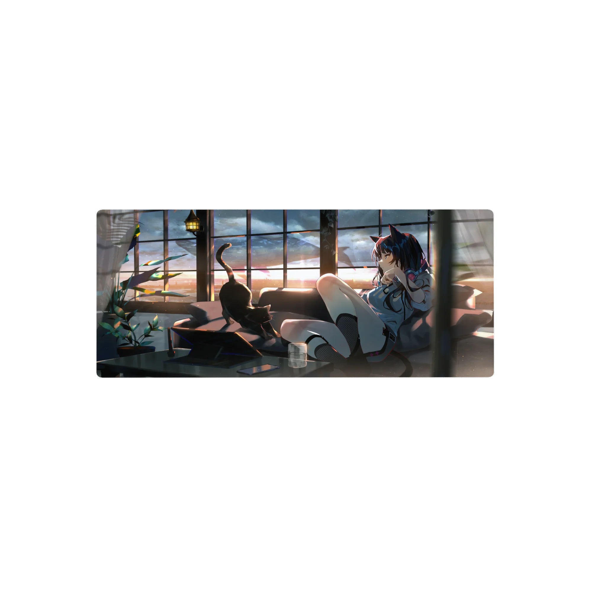 Anime girl mouse pad 28x12 inches with cat-eared navy-haired girl, pink headphones, loft window backdrop.