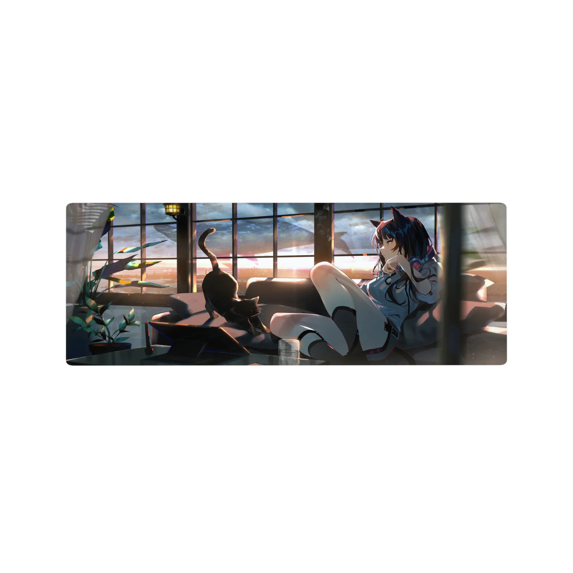 Anime girl mouse pad 32x12 inches with cat-eared navy-haired girl, pink headphones, loft sunset scene.