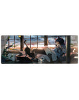 Anime girl mouse pad 32x12 inches with cat-eared navy-haired girl, pink headphones, loft sunset scene.