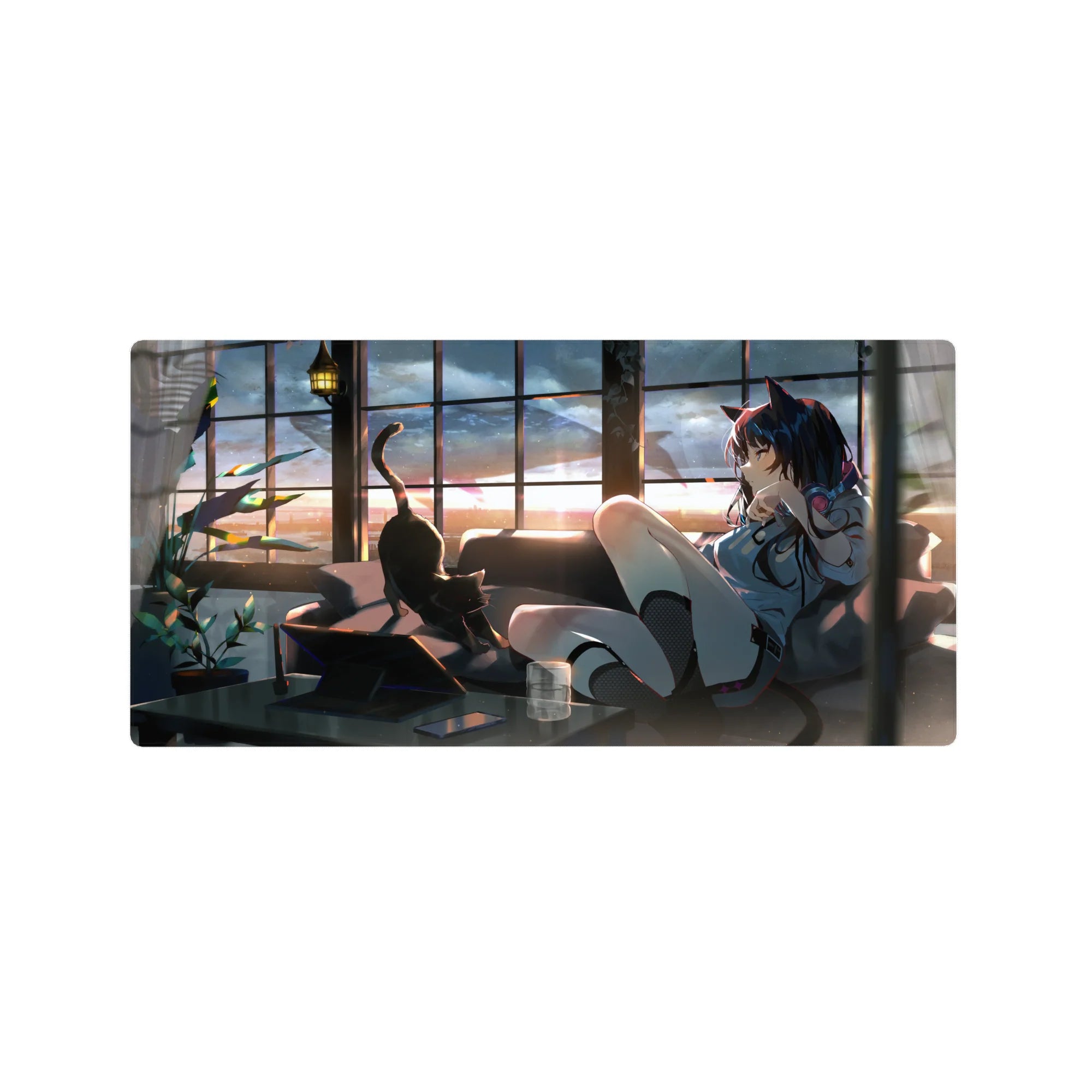 Anime girl mouse pad 32x16 inches with cat-eared navy-haired gamer in loft sunset, pink headphones.