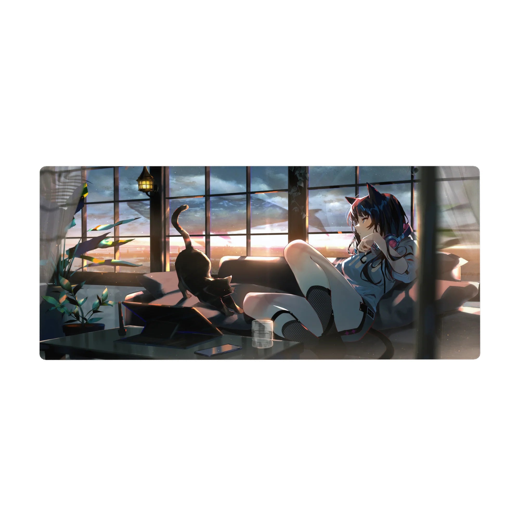 Anime girl desk pad 36x16 inches with cat-eared navy-haired girl, loft windows, sleek city backdrop.