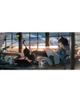 Anime girl desk pad 36x16 inches with cat-eared navy-haired girl, loft windows, sleek city backdrop.