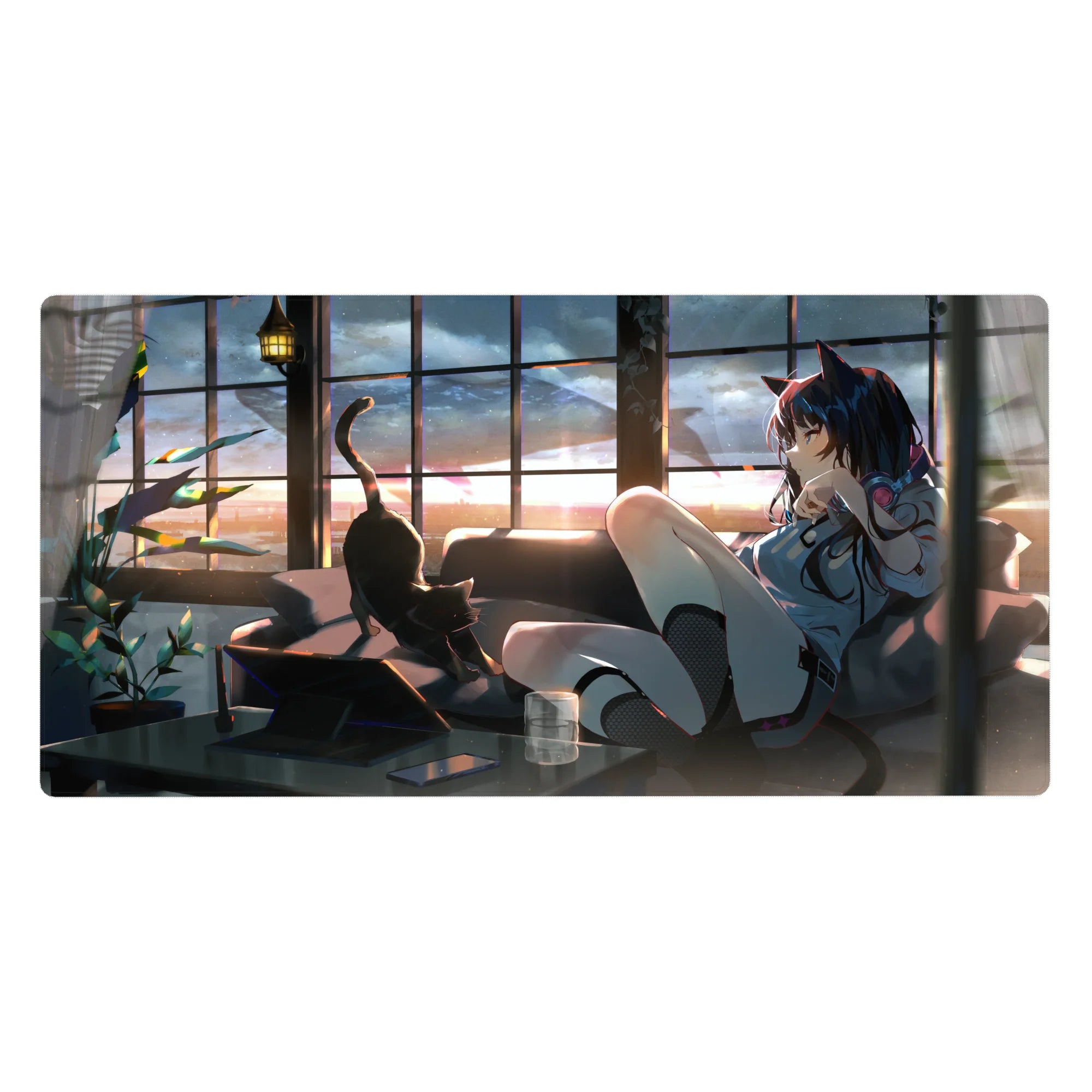 Anime girl desk pad 40x20 inches with cat-ear heroine, pink headphones, loft window sunset scene.