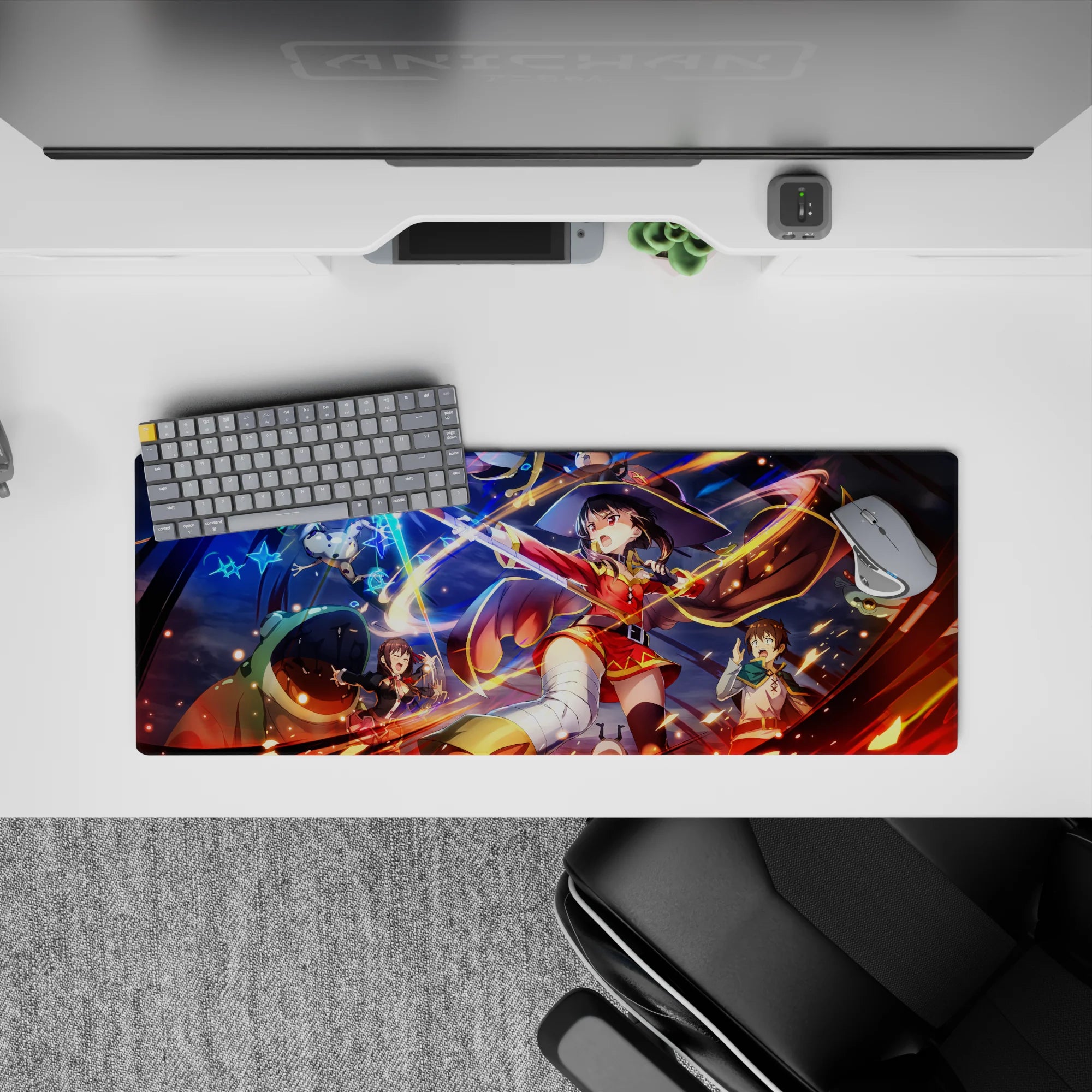 Megumin from Konosuba anime mouse pad, 32x12 inches, mid-explosion, vibrant colors of fire and starlight, chaotic scene.