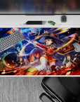 Megumin from Konosuba casting explosion on a 40x20 inch anime mouse pad, capturing vibrant chaos and spellbinding colors.