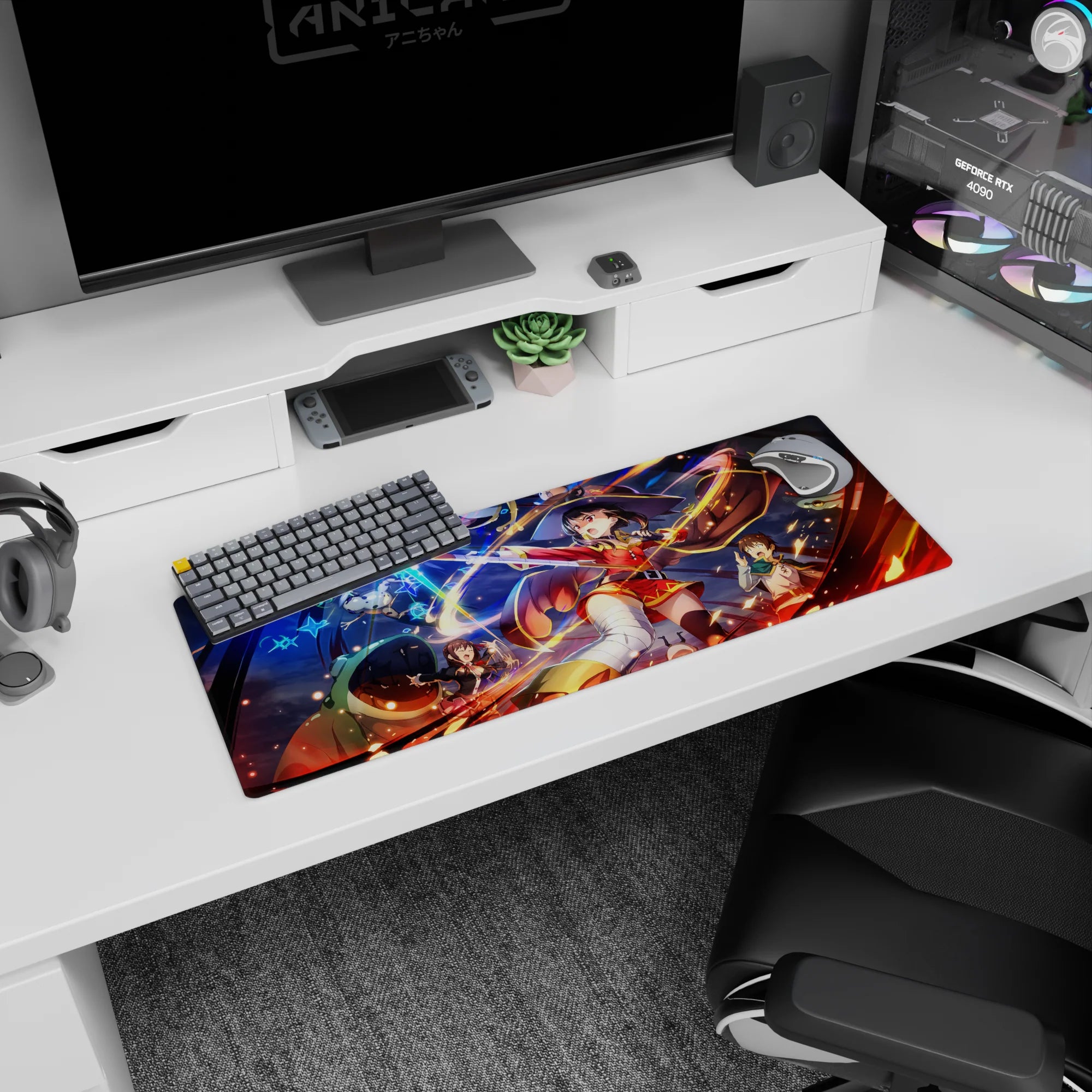 Megumin from Konosuba mid-explosion on 32x12 inch anime mouse pad, with blazing spells, wild monsters, and vivid colors.