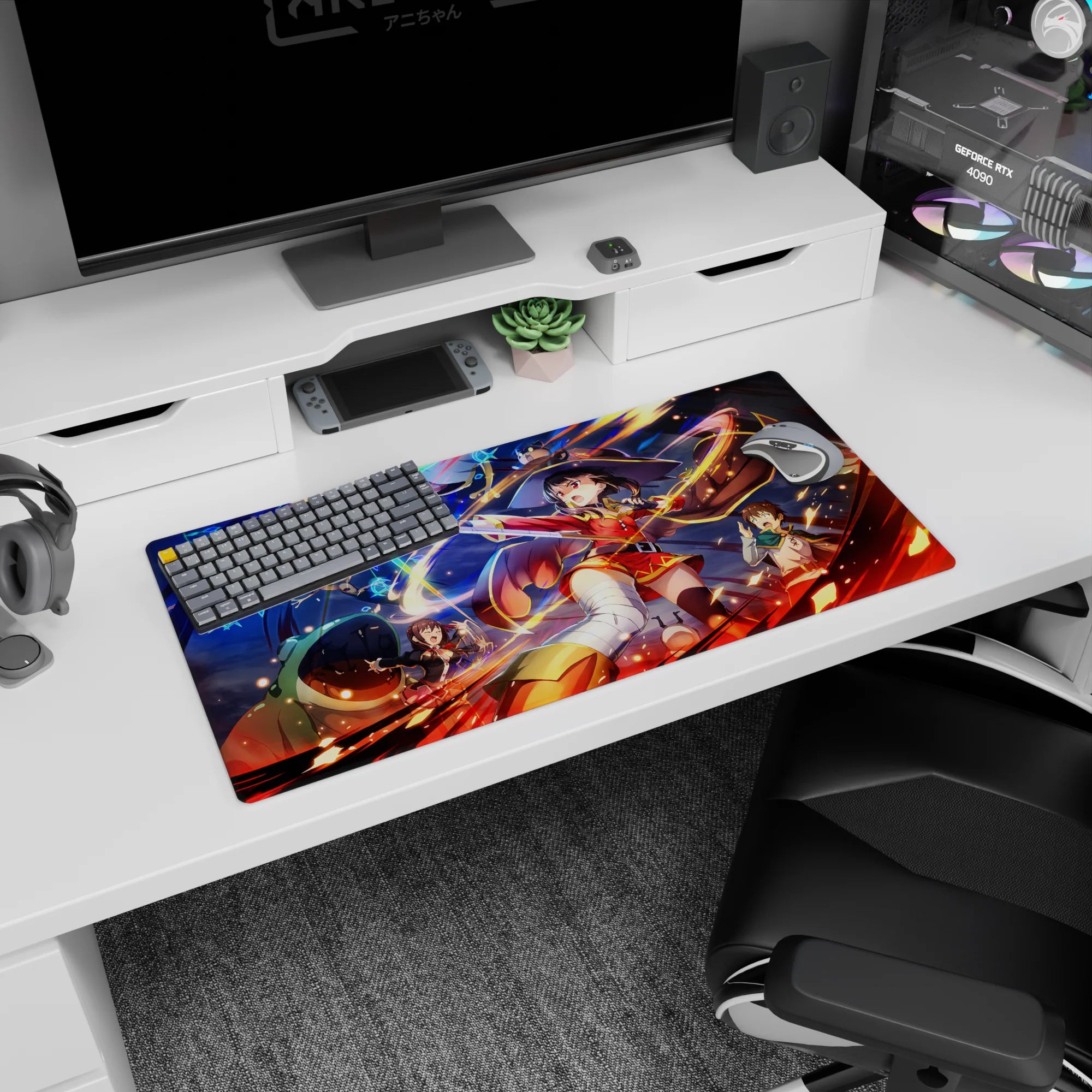 Megumin Konosuba anime mouse pad 32x16 inches, featuring explosive spells and vibrant colors, perfect for gaming setups.