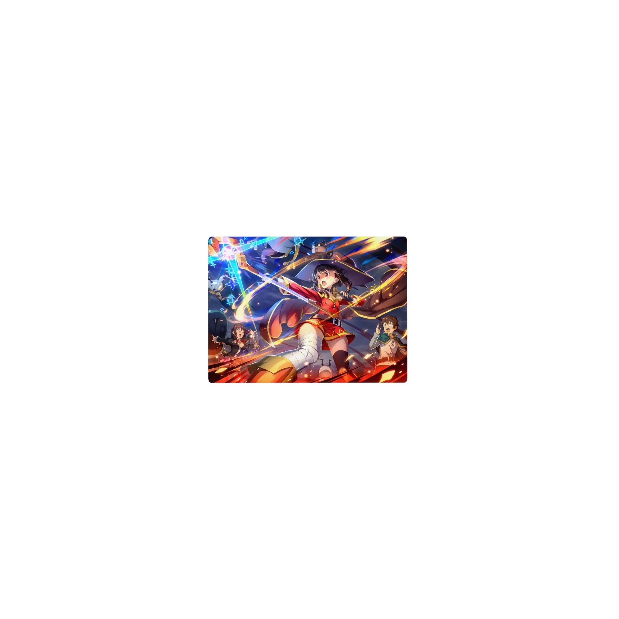 Anime mouse pad featuring Megumin from Konosuba, size 14x10 inches, in a vibrant explosion scene with blazing spells.