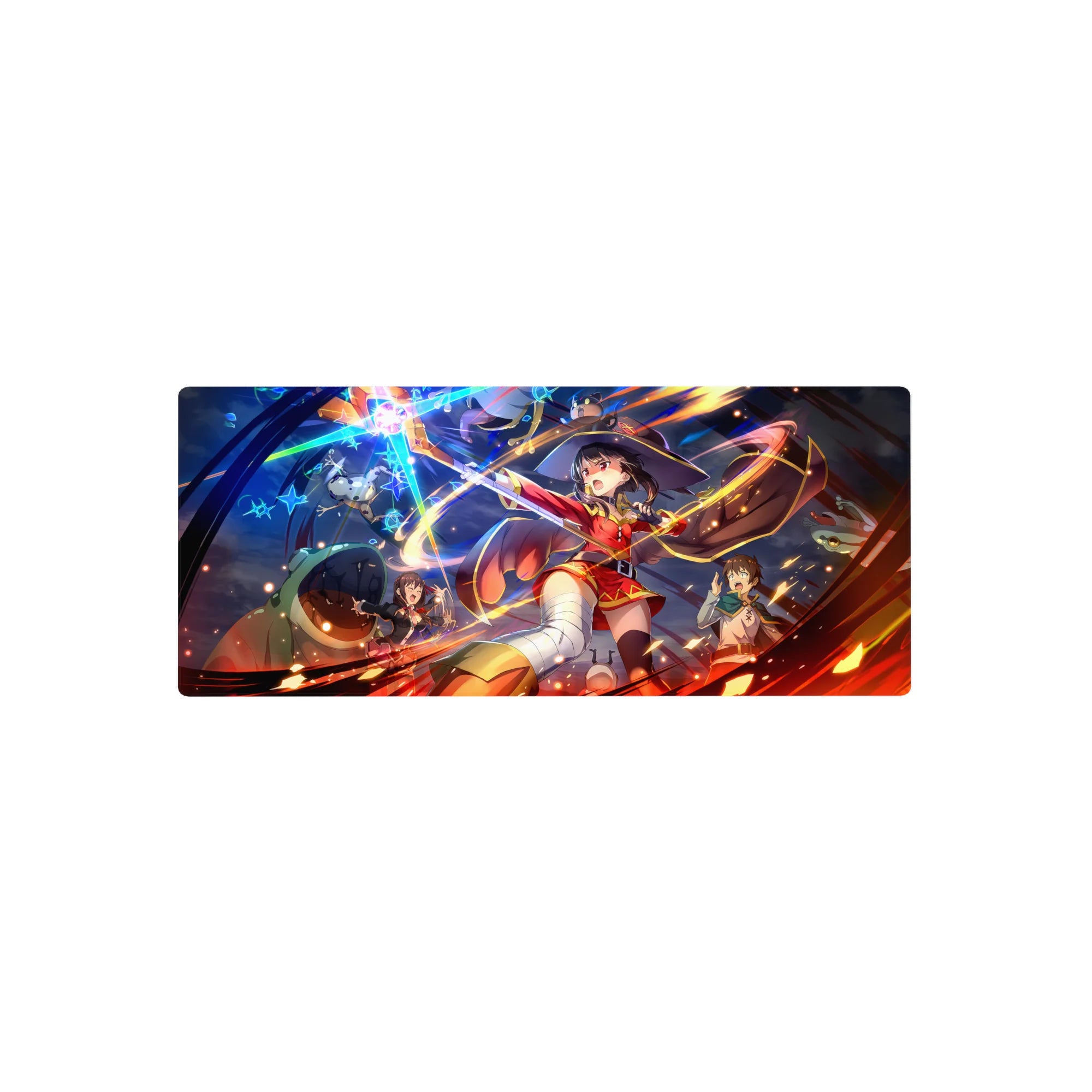 Megumin from Konosuba casting explosion spell on 28x12 inches anime mouse pad; vibrant colors and dynamic action scene.