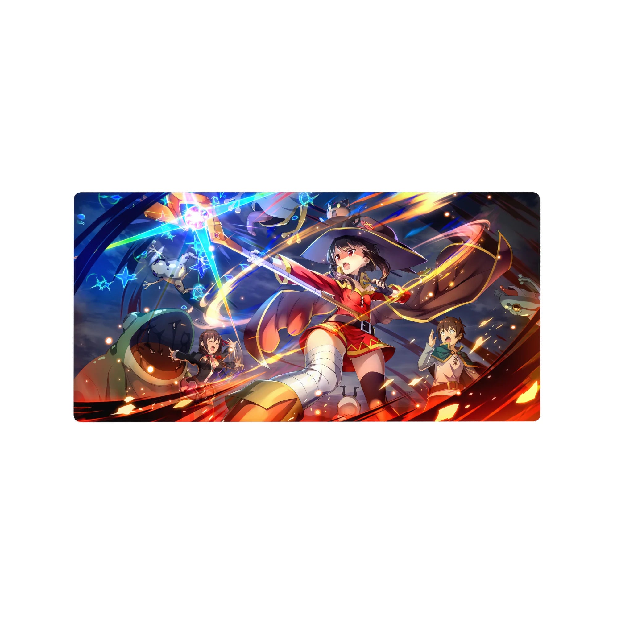 Megumin mid-explosion from Konosuba on a 32x16 inch anime mouse pad, with vibrant colors of fire and starlight.