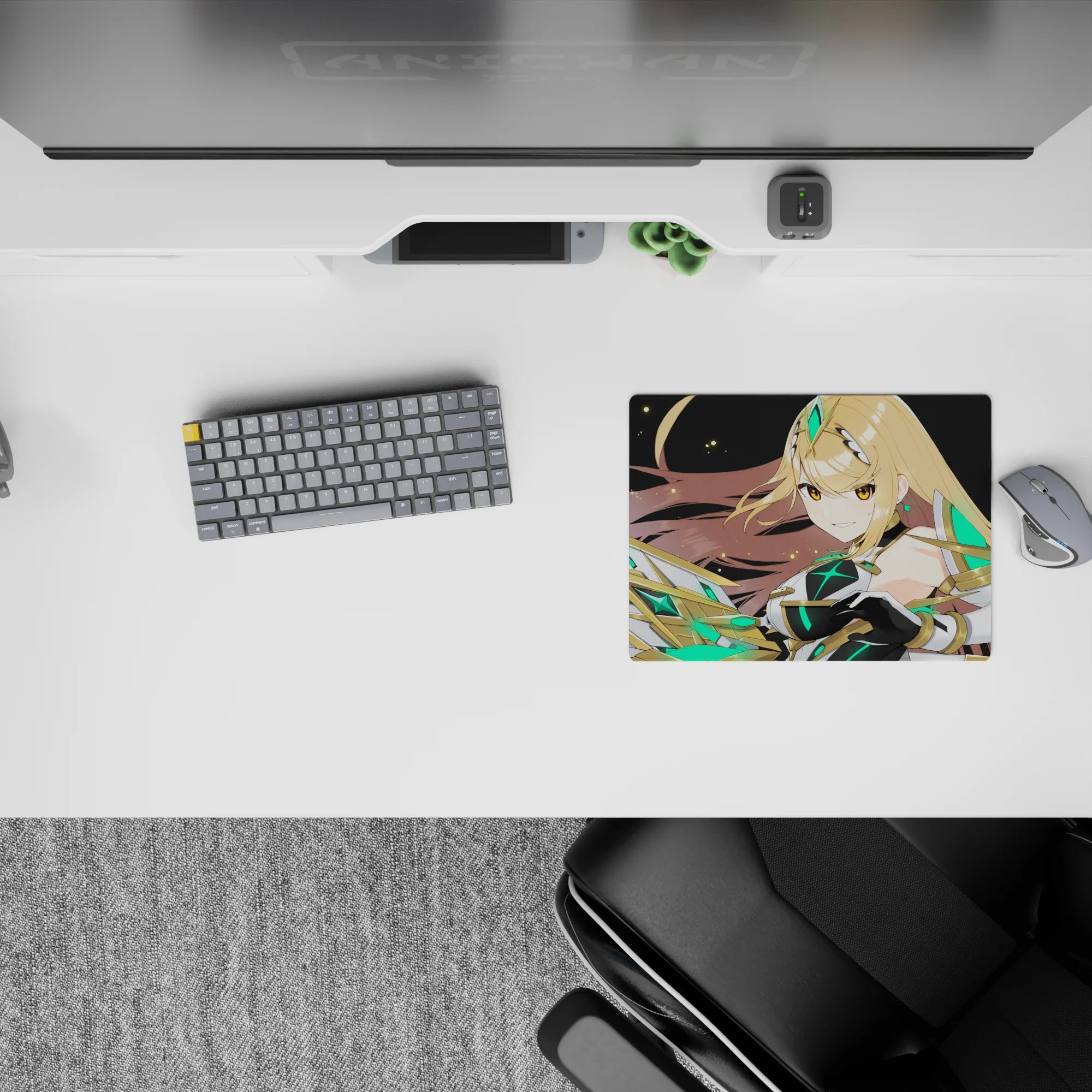 Starry black anime mouse pad 14x10 inches with neon emerald accents, golden hair, bold sci-fi vibe.