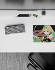 Starry black anime mouse pad 14x10 inches with neon emerald accents, golden hair, bold sci-fi vibe.
