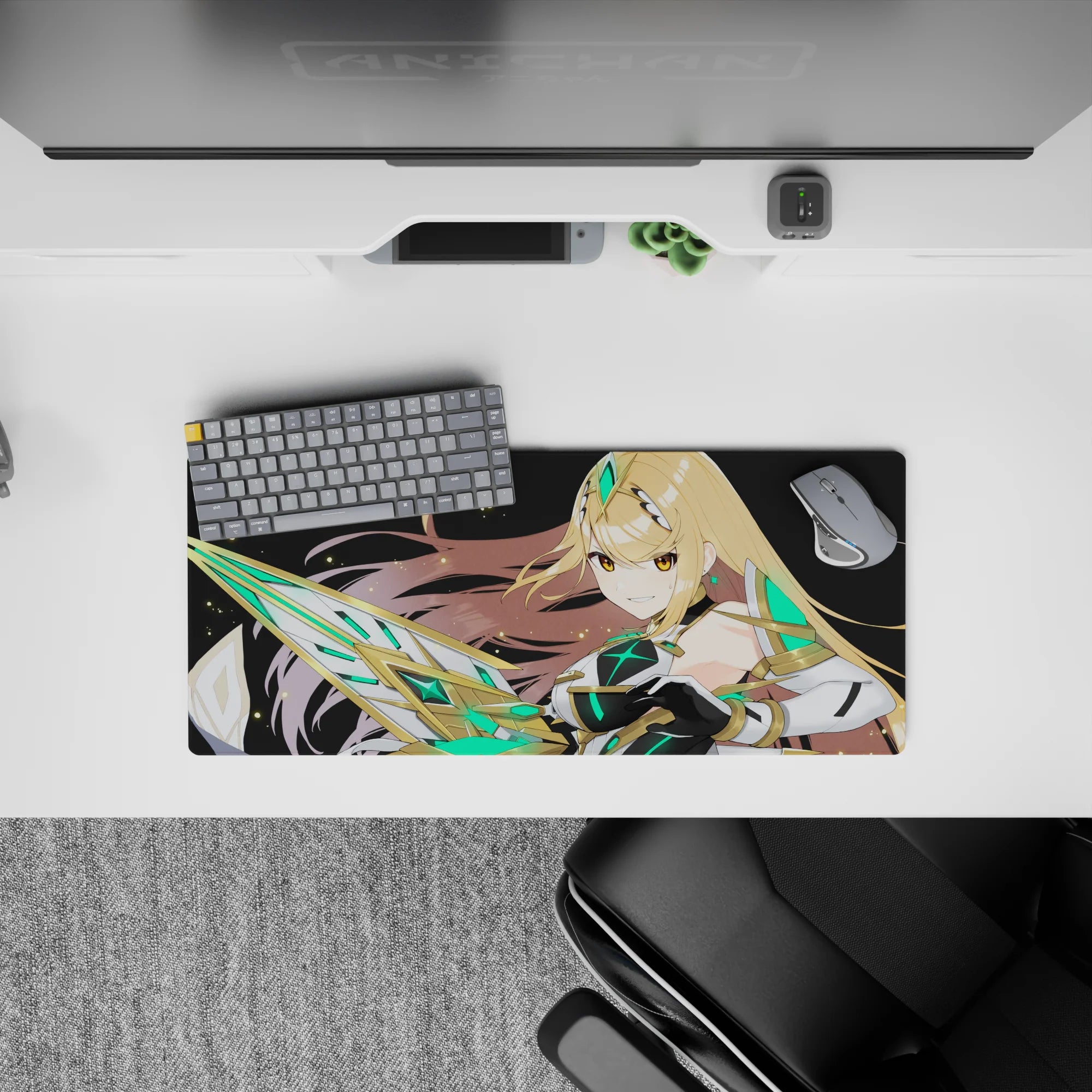 Neon emerald accents on black space background, anime girl mouse pad 28x12 inches with bold gold highlights.