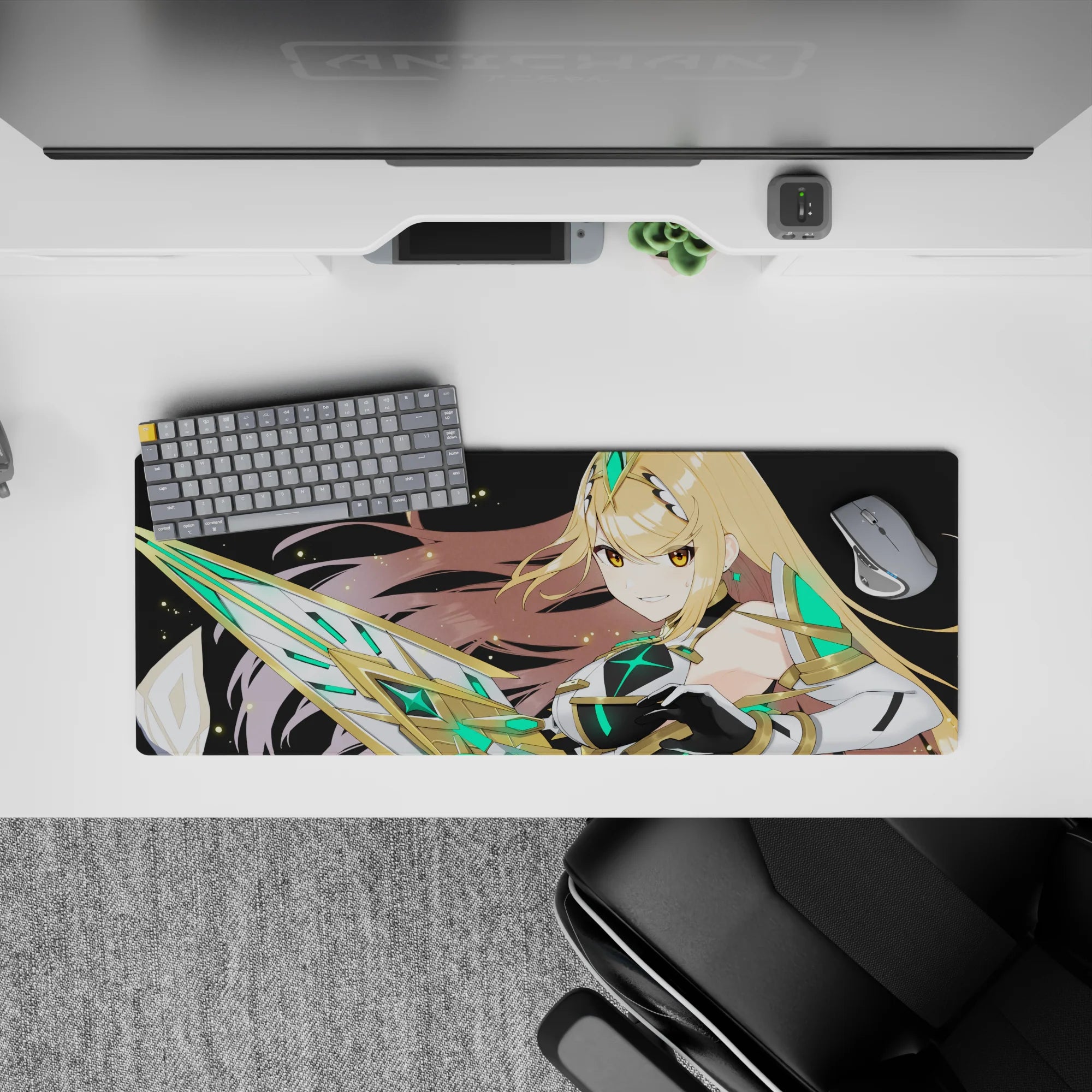 Anime girl mouse pad 32x12 inches in neon emerald and gold on deep black, bold futuristic fantasy vibe.