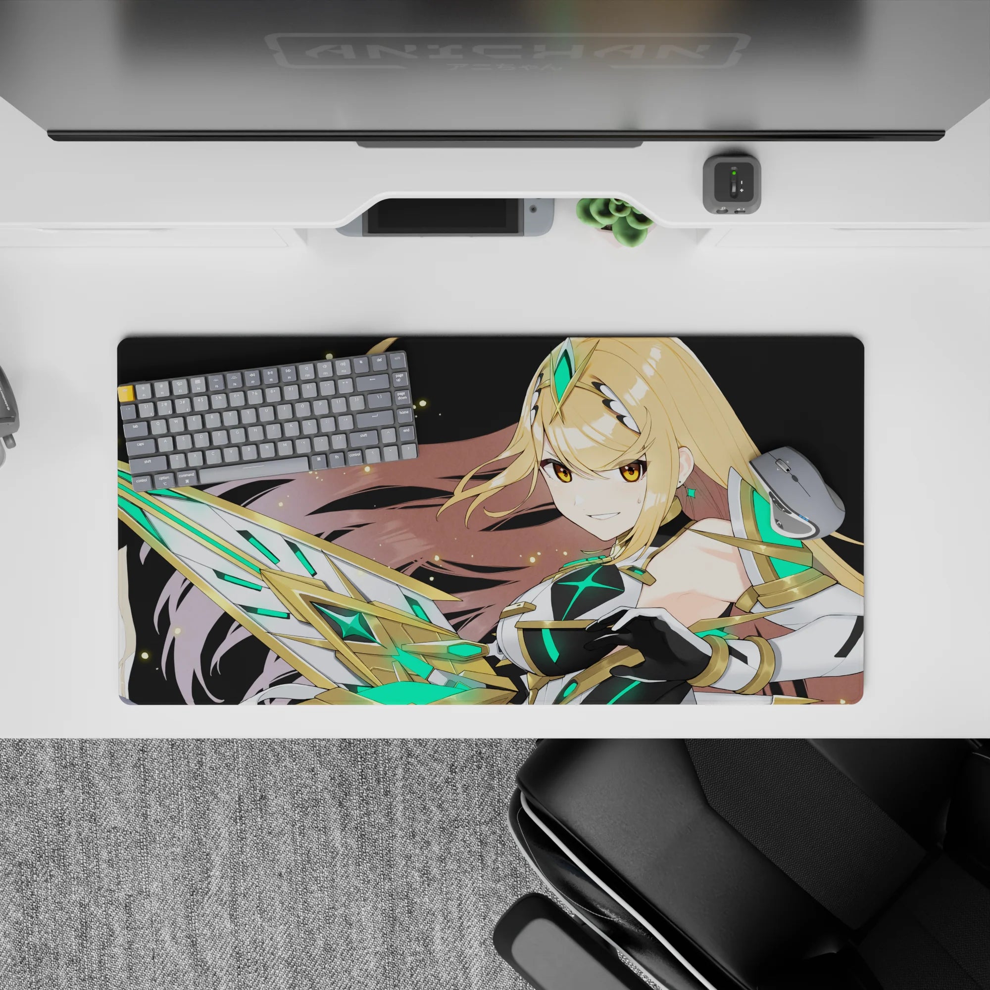 Anime girl mouse pad 32x16 inches in black space with neon emerald glow, gold hair streaks, bold vibe.