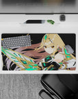 Anime girl mouse pad 32x16 inches in black space with neon emerald glow, gold hair streaks, bold vibe.