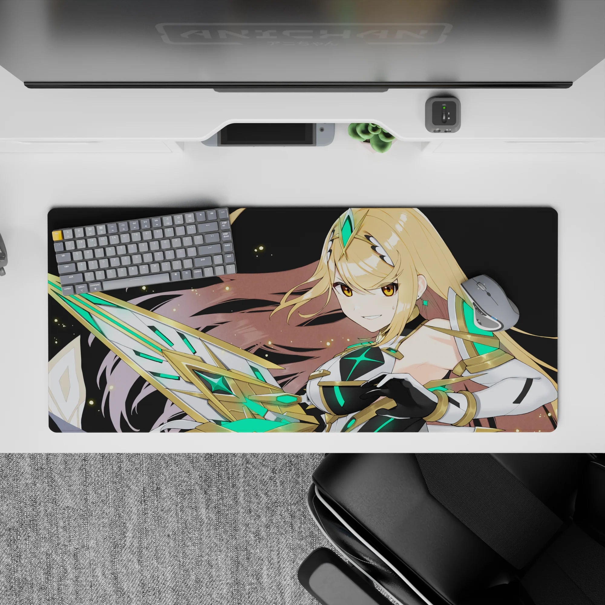 36x16 inches desk pad in black with golden hair and neon green glow, bold cosmic anime vibe.