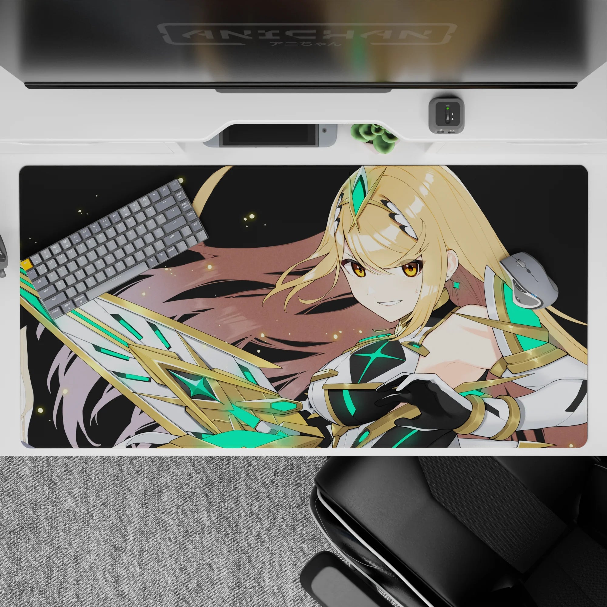 40x20 inches anime desk pad in black space tones with neon emerald glow and gold highlights, bold sci-fi vibe.