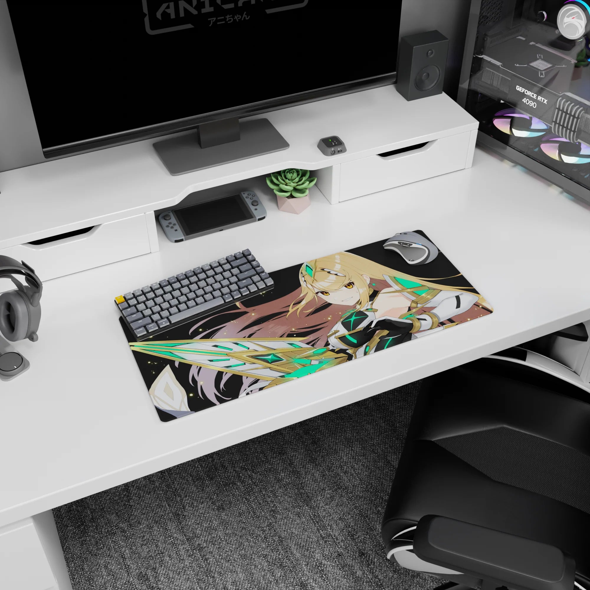 Smirking anime warrior in white-black armor with jeweled headpiece and crystal blade on 28x12 inches mouse pad.