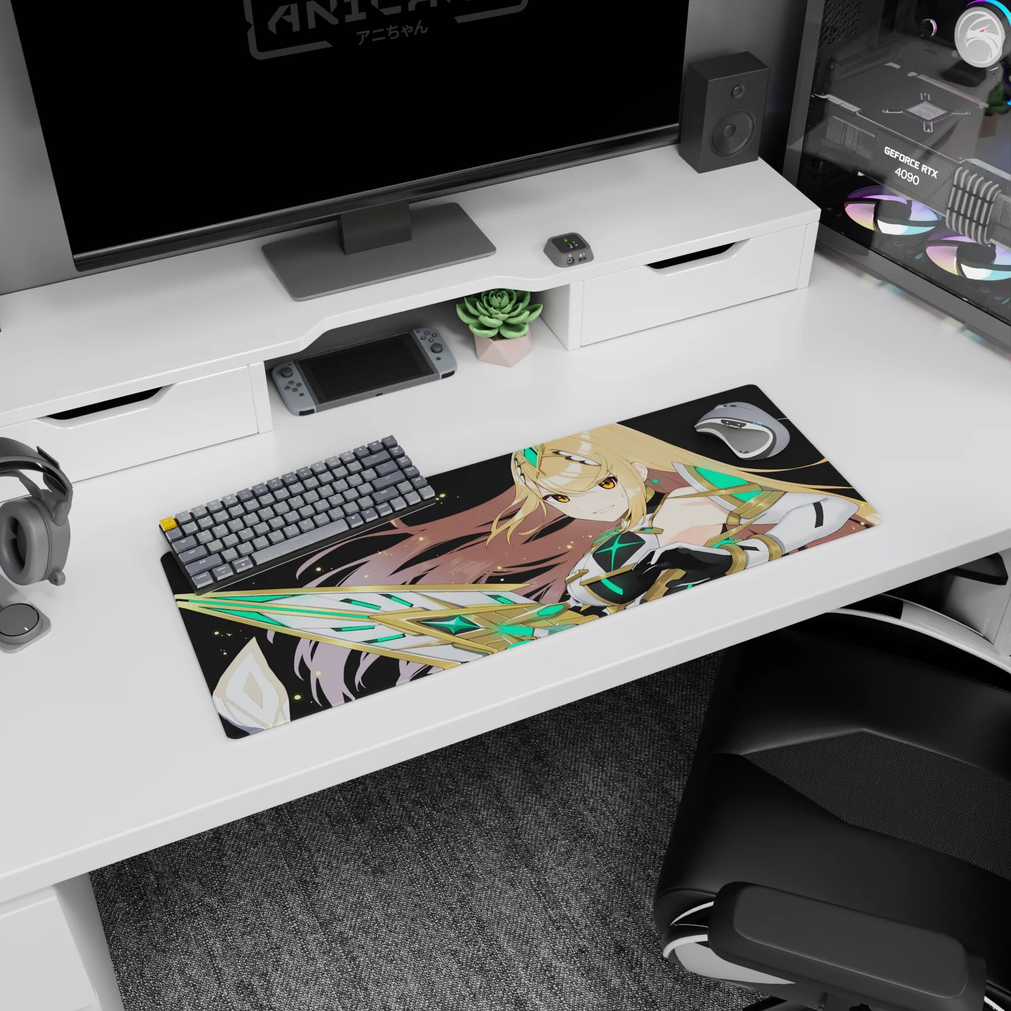 Anime girl mouse pad 32x12 inches featuring smirking warrior in white-black armor with jeweled headpiece.