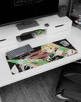 Anime girl mouse pad 32x12 inches featuring smirking warrior in white-black armor with jeweled headpiece.