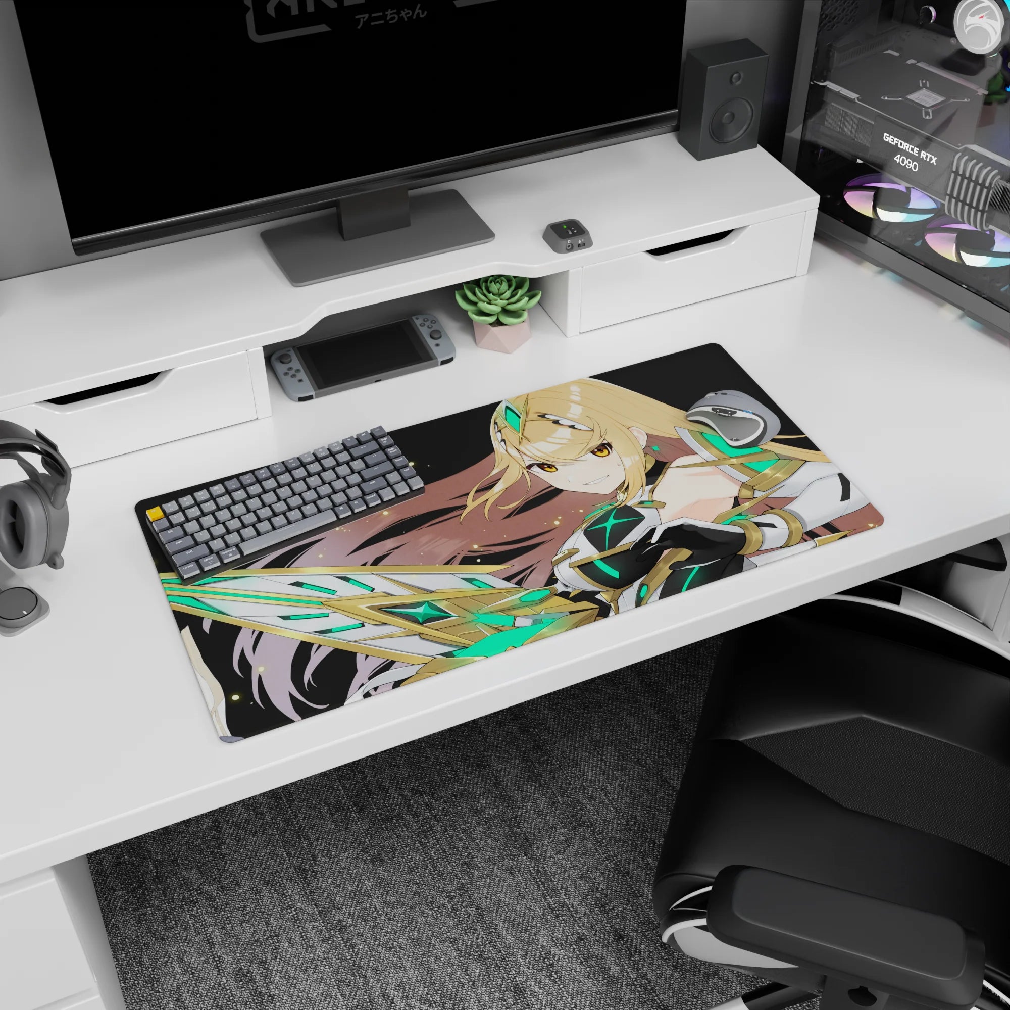 Anime girl mouse pad 32x16 inches featuring smirking armored heroine with jeweled headpiece and crystal blade.