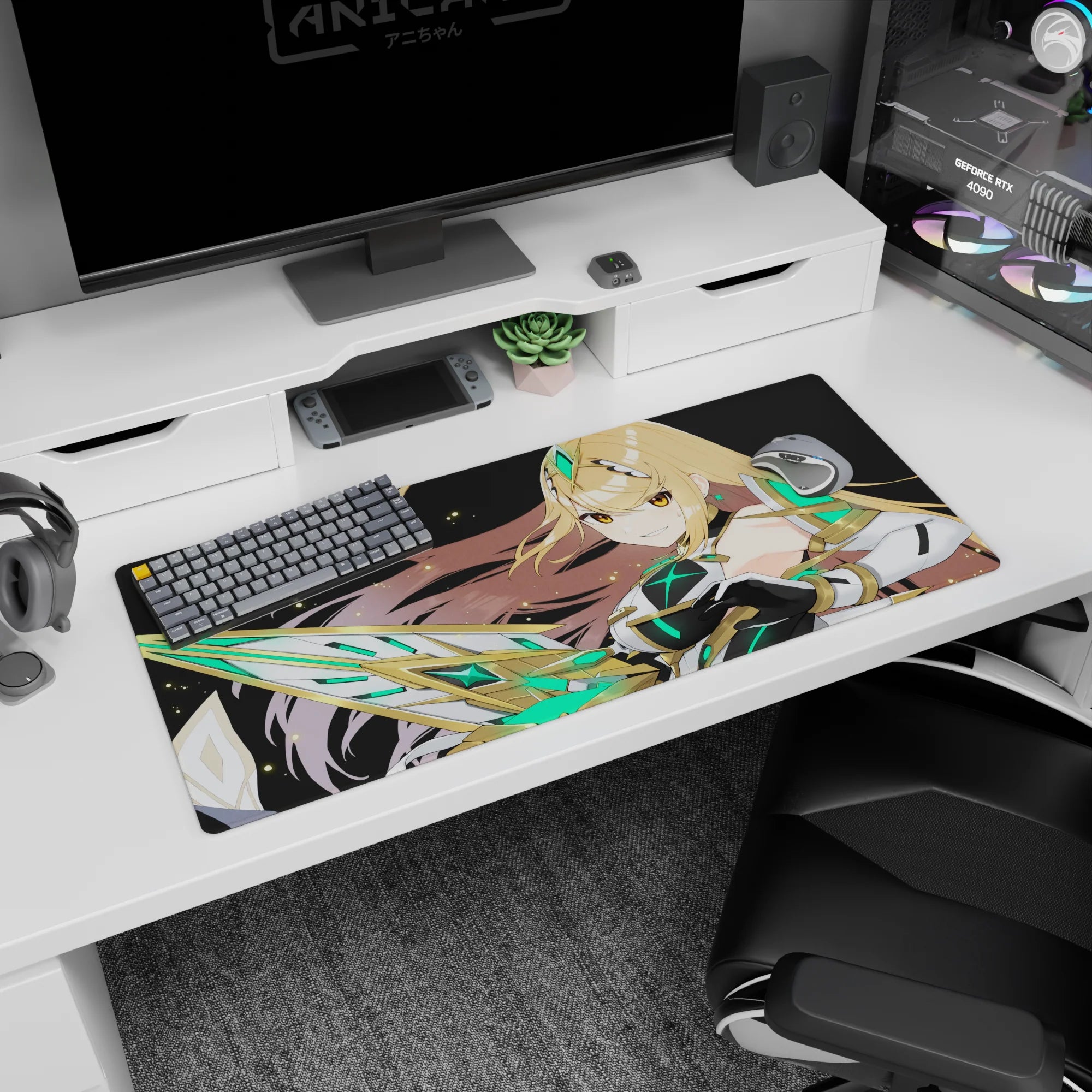 36x16 inches anime desk pad showing smirking warrior in white-black armor with crystal blade and headpiece.